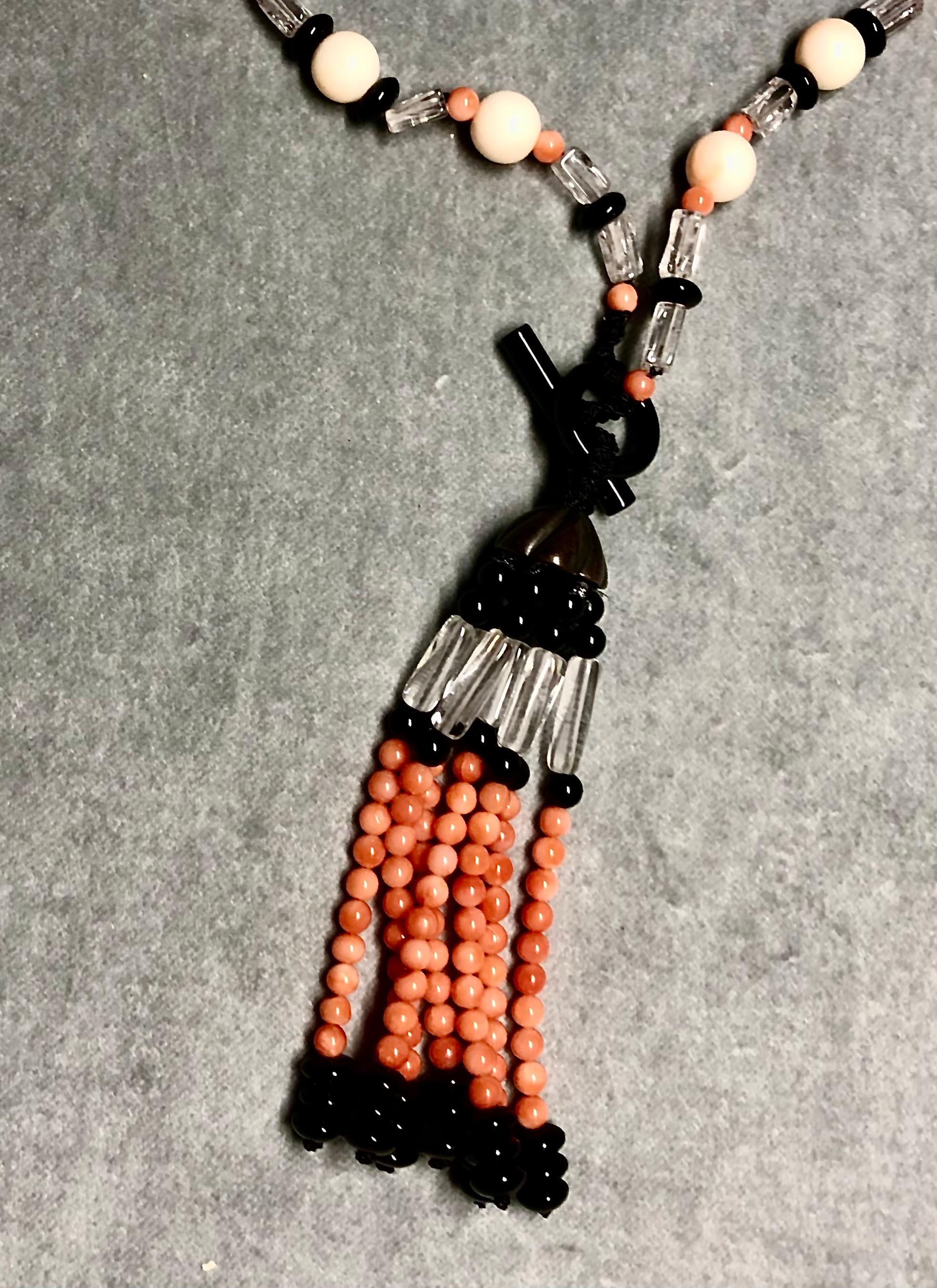 Women's or Men's 2 Necklace: Red Orange Coral Beads, Black Onyx, Rock Crystal tubes w/ silver cap For Sale