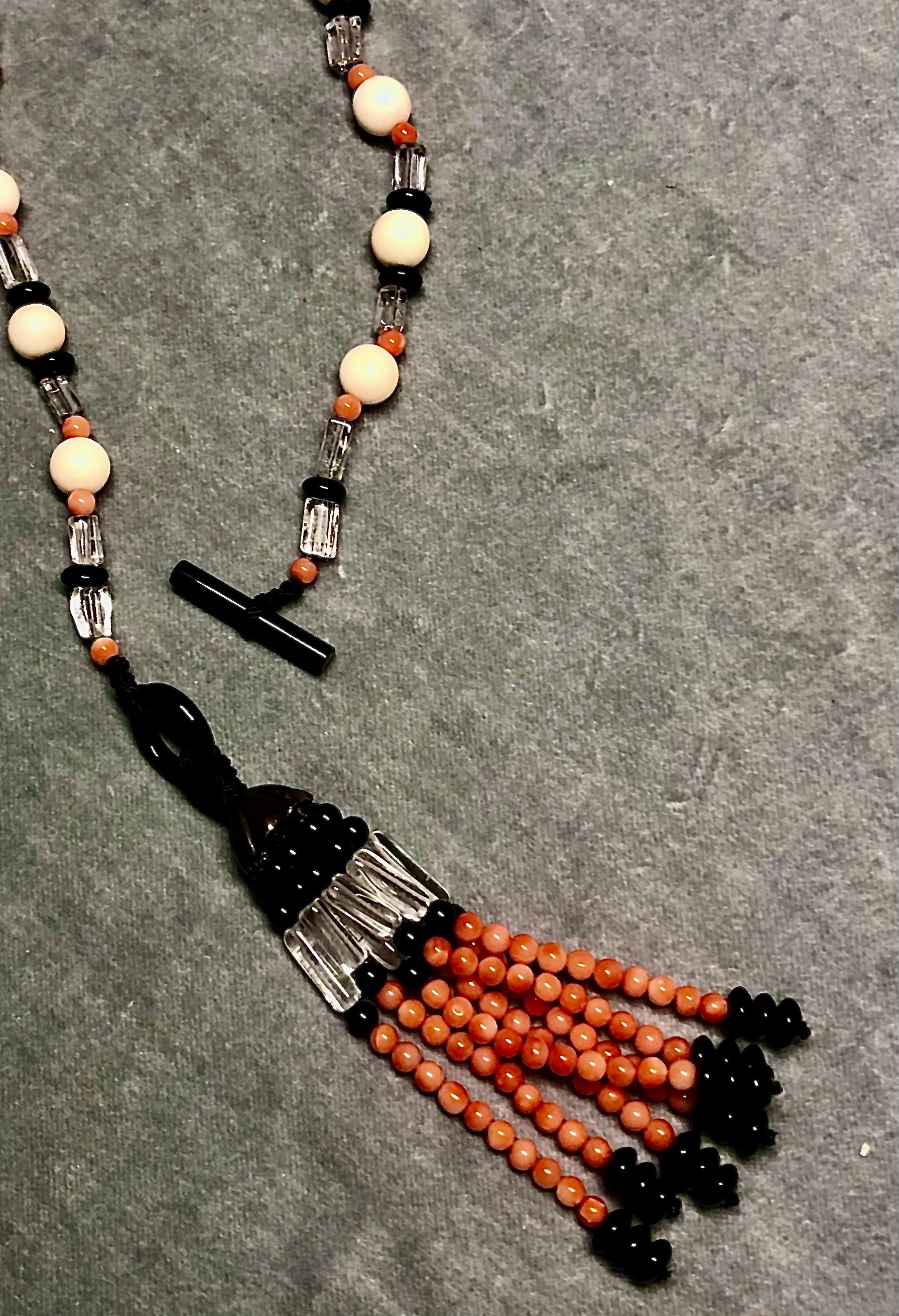 2 Necklace: Red Orange Coral Beads, Black Onyx, Rock Crystal tubes w/ silver cap For Sale 1