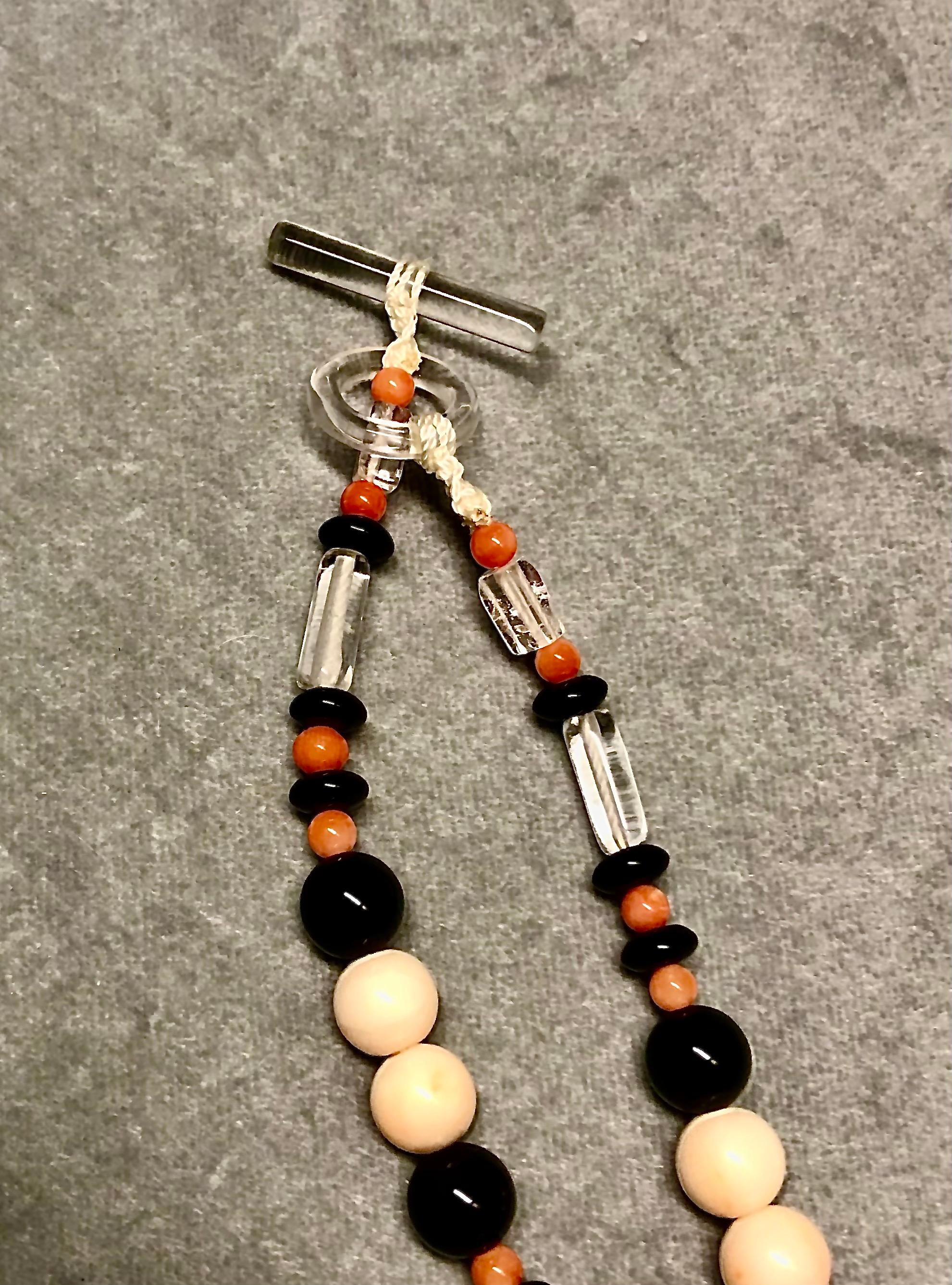 2 Necklace: Red Orange Coral Beads, Black Onyx, Rock Crystal tubes w/ silver cap For Sale 2