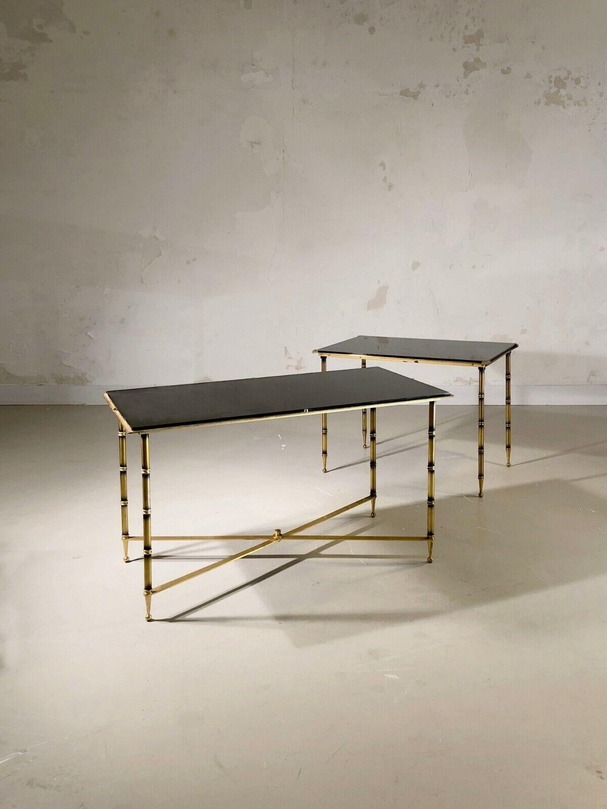 A luxurious asymmetrical pair of coffee or side tables or rectangular bedside tables, Art-Deco, Neo-Classical, Shabby-Chic, rectangular structures in patinated gilded bronze with bamboo-style legs, original black opaline glass top simply wedged by 4