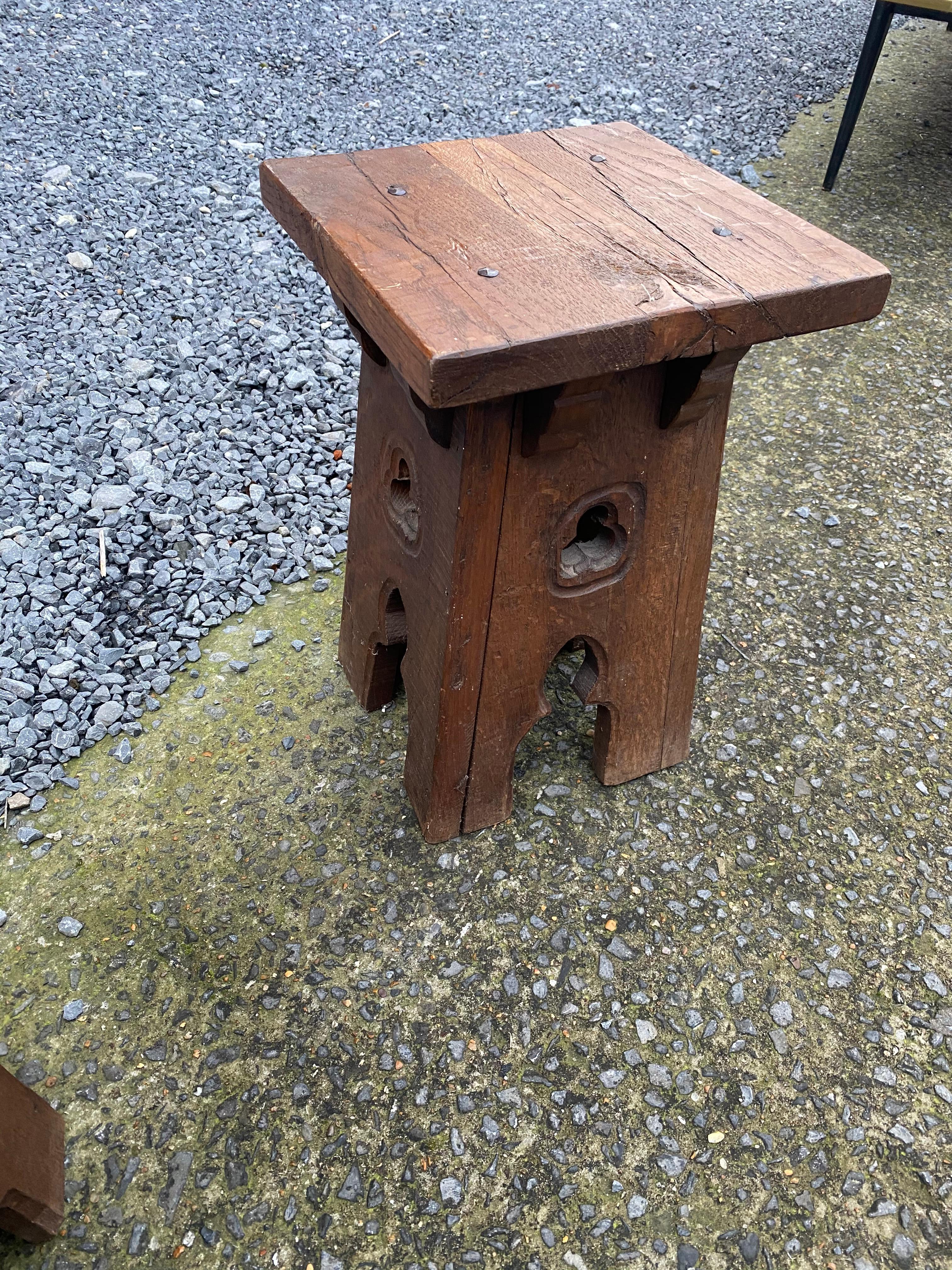 Mid-20th Century 2 Neo Gothic Style Oak Stools, circa 1950 For Sale