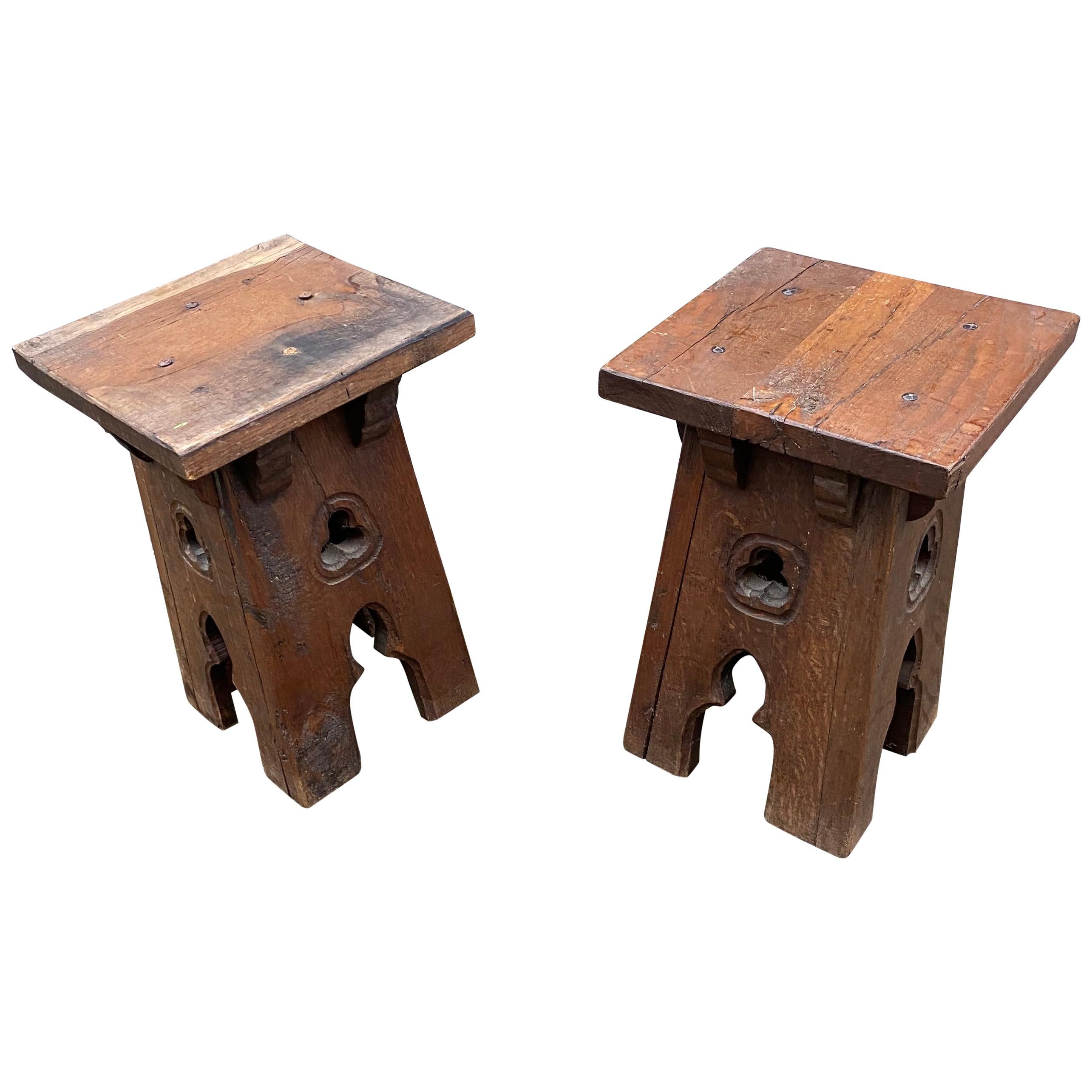 2 Neo Gothic Style Oak Stools, circa 1950 For Sale