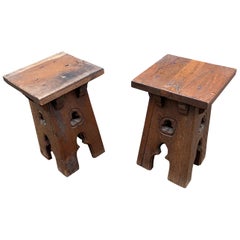 Vintage 2 Neo Gothic Style Oak Stools, circa 1950