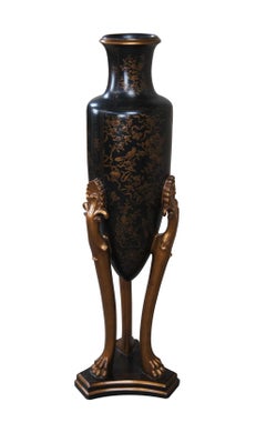 2 Neo-Grec Black & Gold Chinoiserie Mantel Floor Amphora Urns Vases Vessels 36"