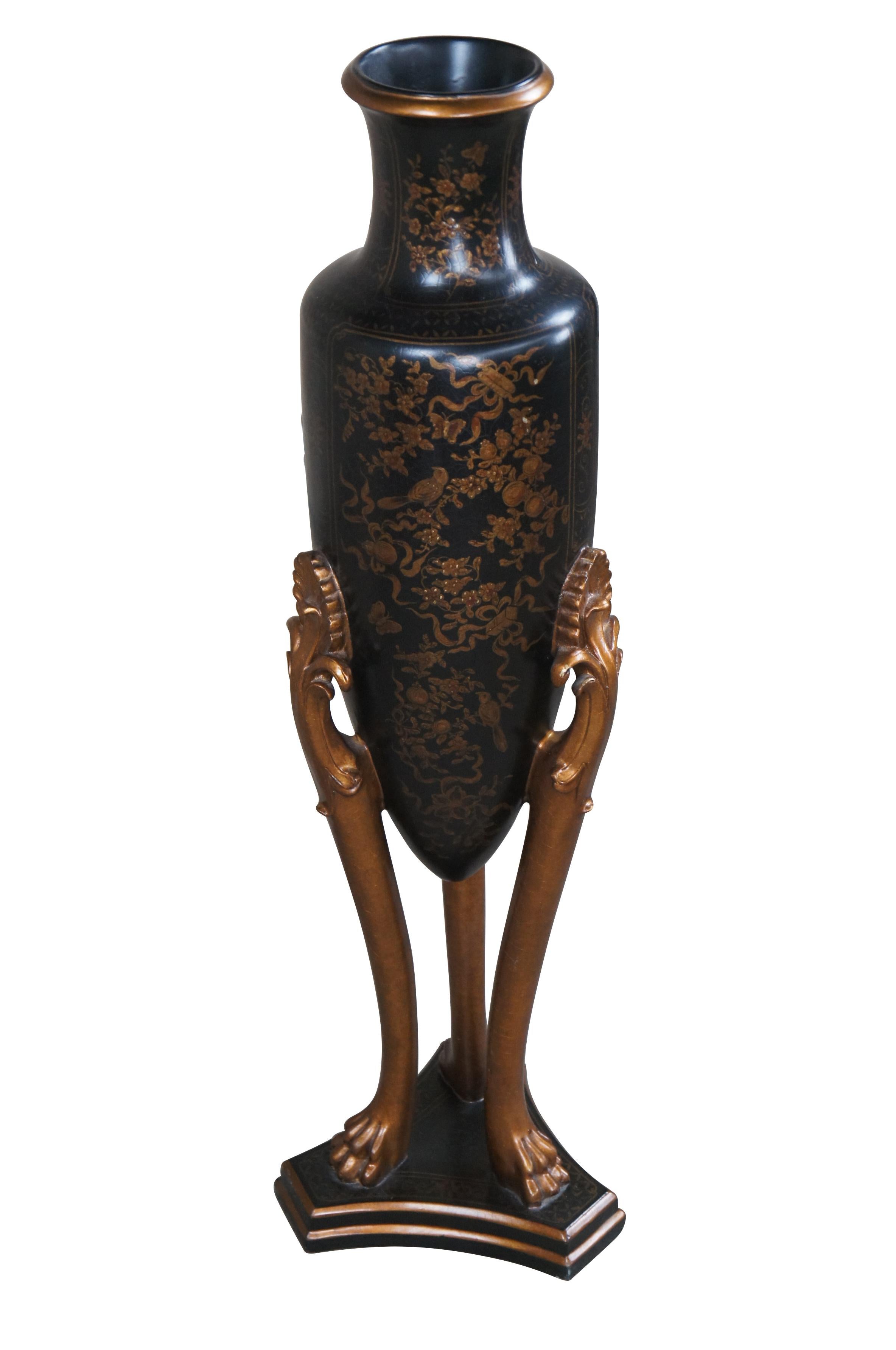 Neoclassical 2 Neo-Grec Black & Gold Chinoiserie Mantel Floor Amphora Urns Vases Vessels 36