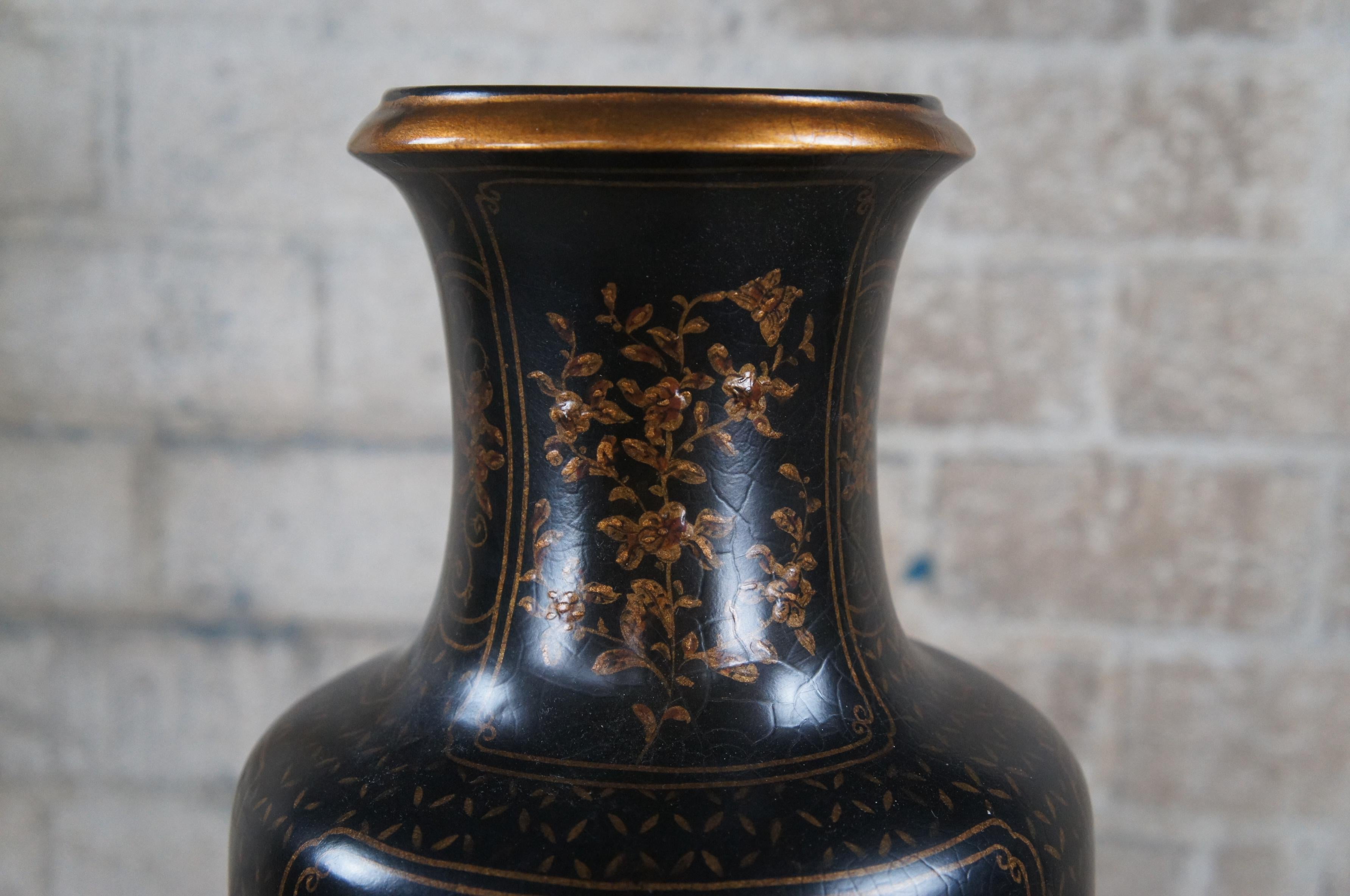 2 Neo-Grec Black & Gold Chinoiserie Mantel Floor Amphora Urns Vases Vessels 36
