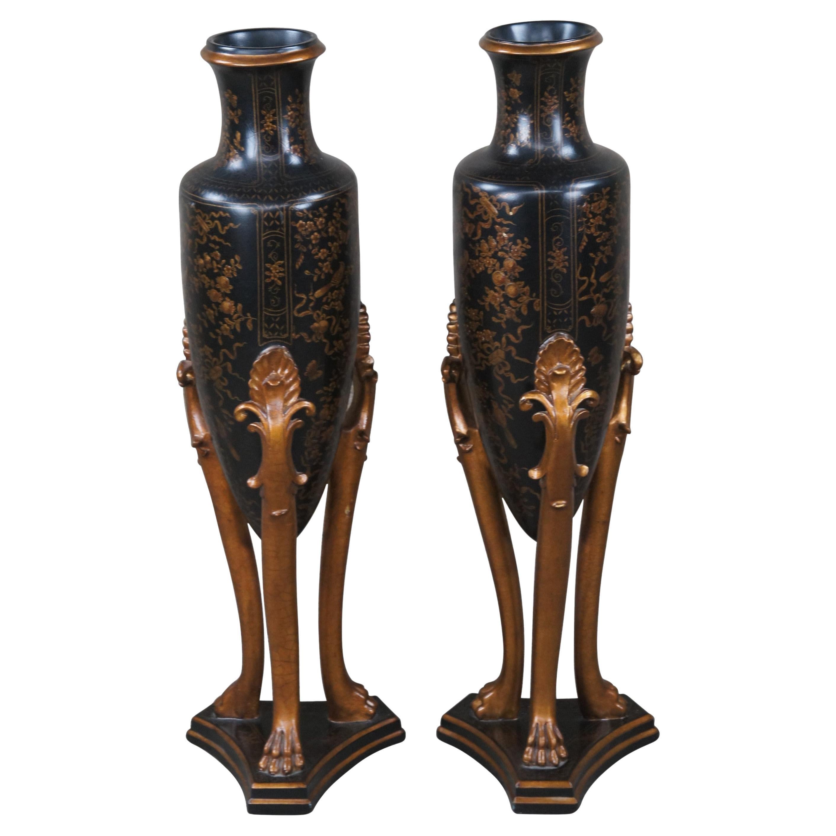 2 Neo-Grec Black & Gold Chinoiserie Mantel Floor Amphora Urns Vases Vessels 36"