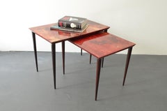 2 Nesting Tables by Aldo Tura for Tura Mobili Italy 1960 Midcentury Red Goatskin