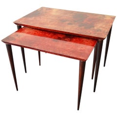 2 Nesting Tables by Aldo Tura for Tura Mobili Italy 1960 Midcentury Red Goatskin