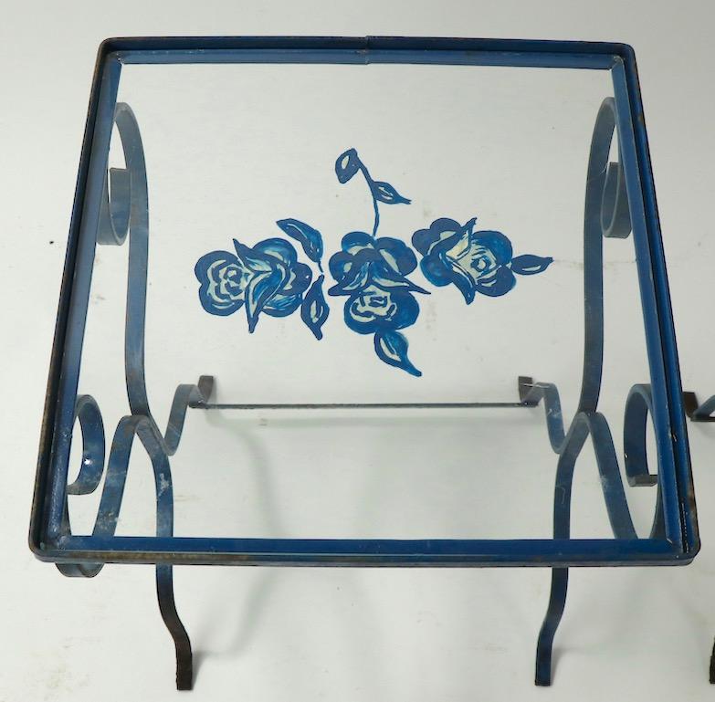 American 2 Nesting Wrought Iron Tables with Glass Tops Attributed to Salterini