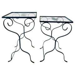 2 Nesting Wrought Iron Tables with Glass Tops Attributed to Salterini