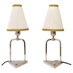 2 nickel - plated table lamps with original old fabric shades vienna 1920s