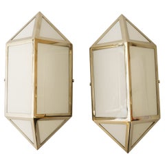 2 nickel-plated wall lamps with opal glass shades around 1980s (Art deco style)