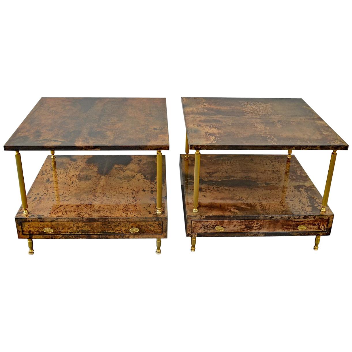 2 Nightstands by Aldo Tura for Tura Milano, Italy, Midcentury Brown Goatskin For Sale
