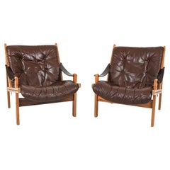 (2) Oak and Leather 'Hunter' Lounge Chairs by Torbjorn Afdahl, Circa 1960's