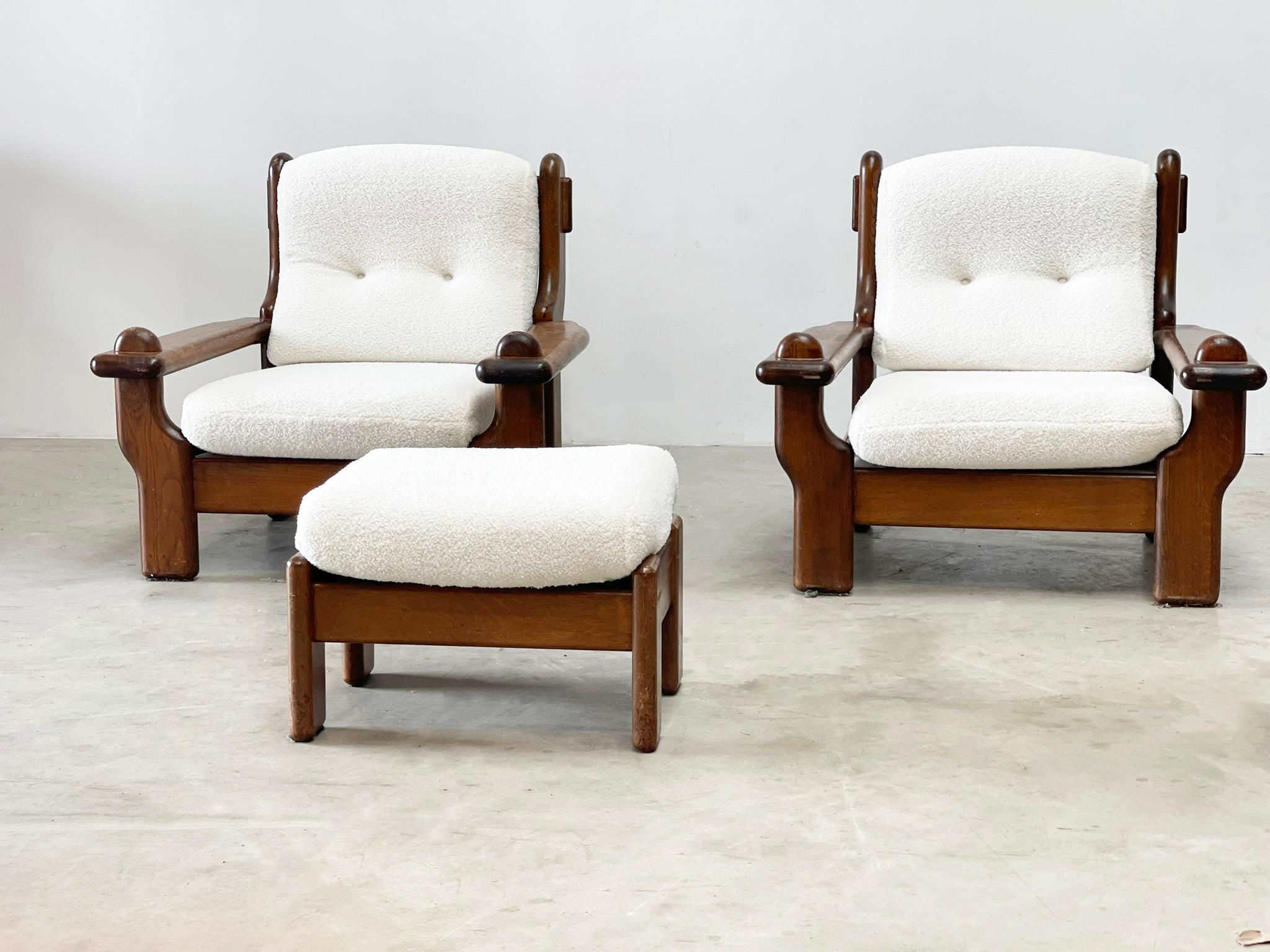 French 2 oak brutalist french lounge chairs with boucle and ottoman For Sale