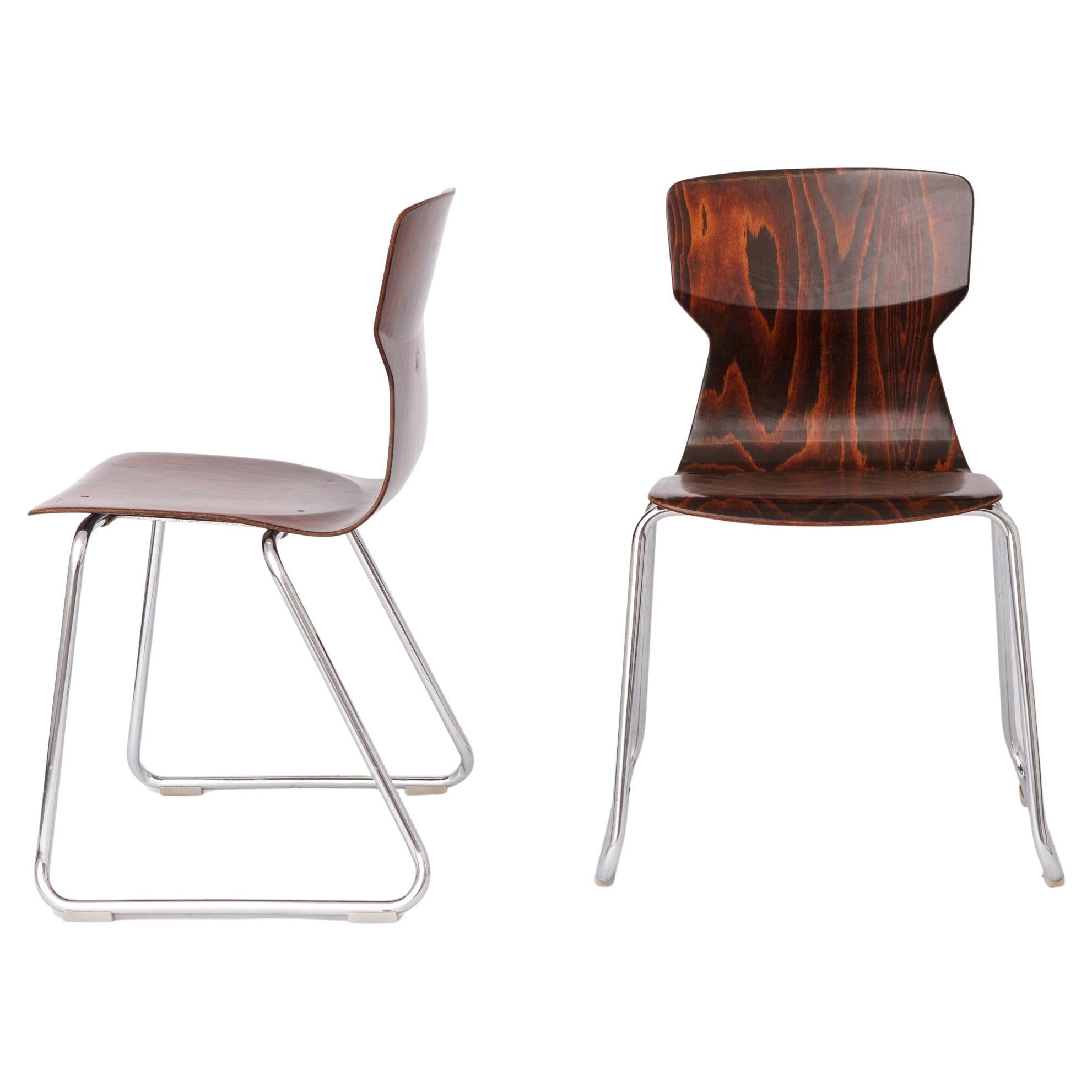 2 of 8 Vintage Casala Stackable Chairs, Germany 1970s, Plywood 
Chrome For Sale