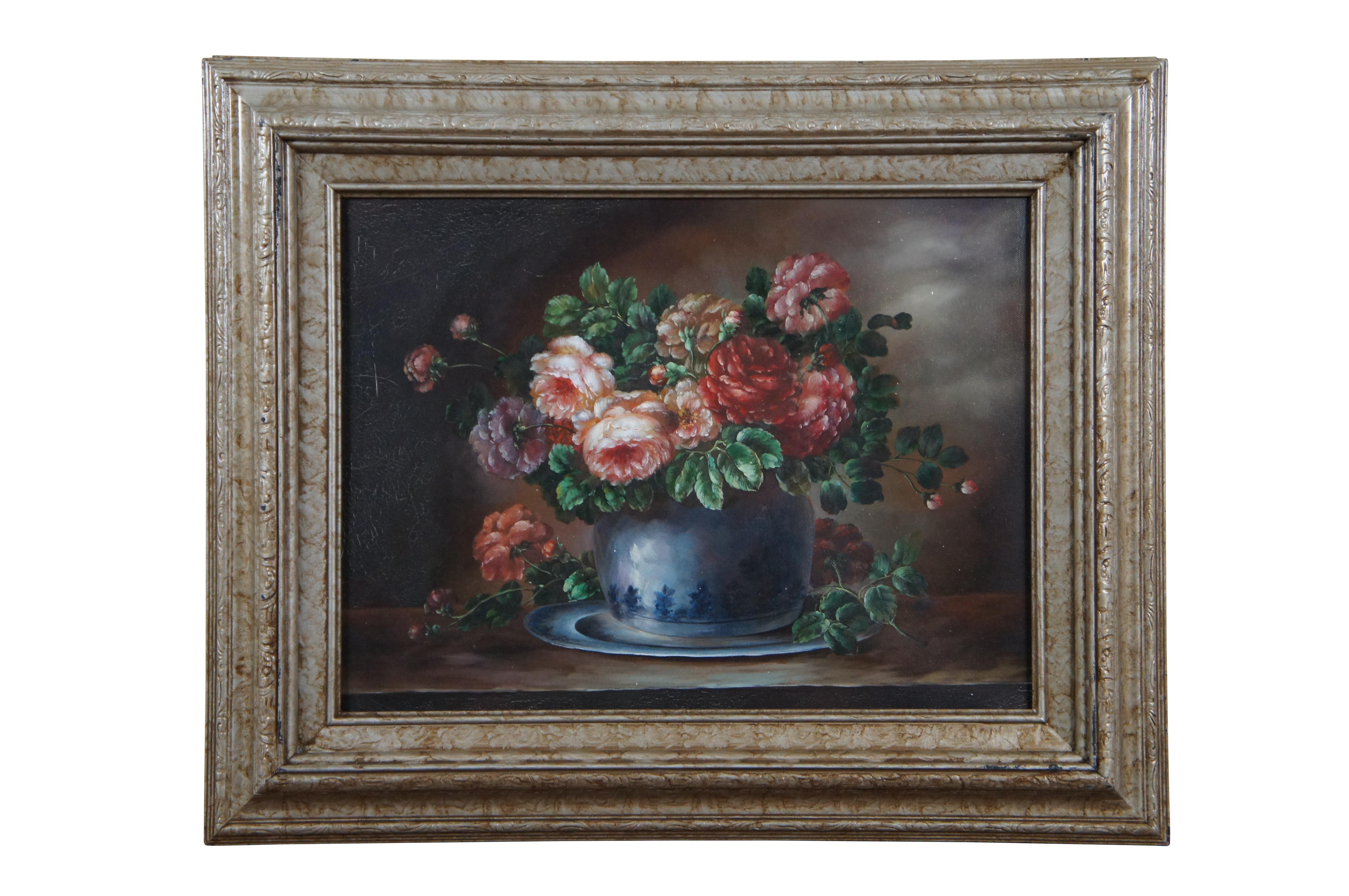 2 Oil on Canvas Floral Still Life Paintings Bouquet Flowers Realism Framed 22