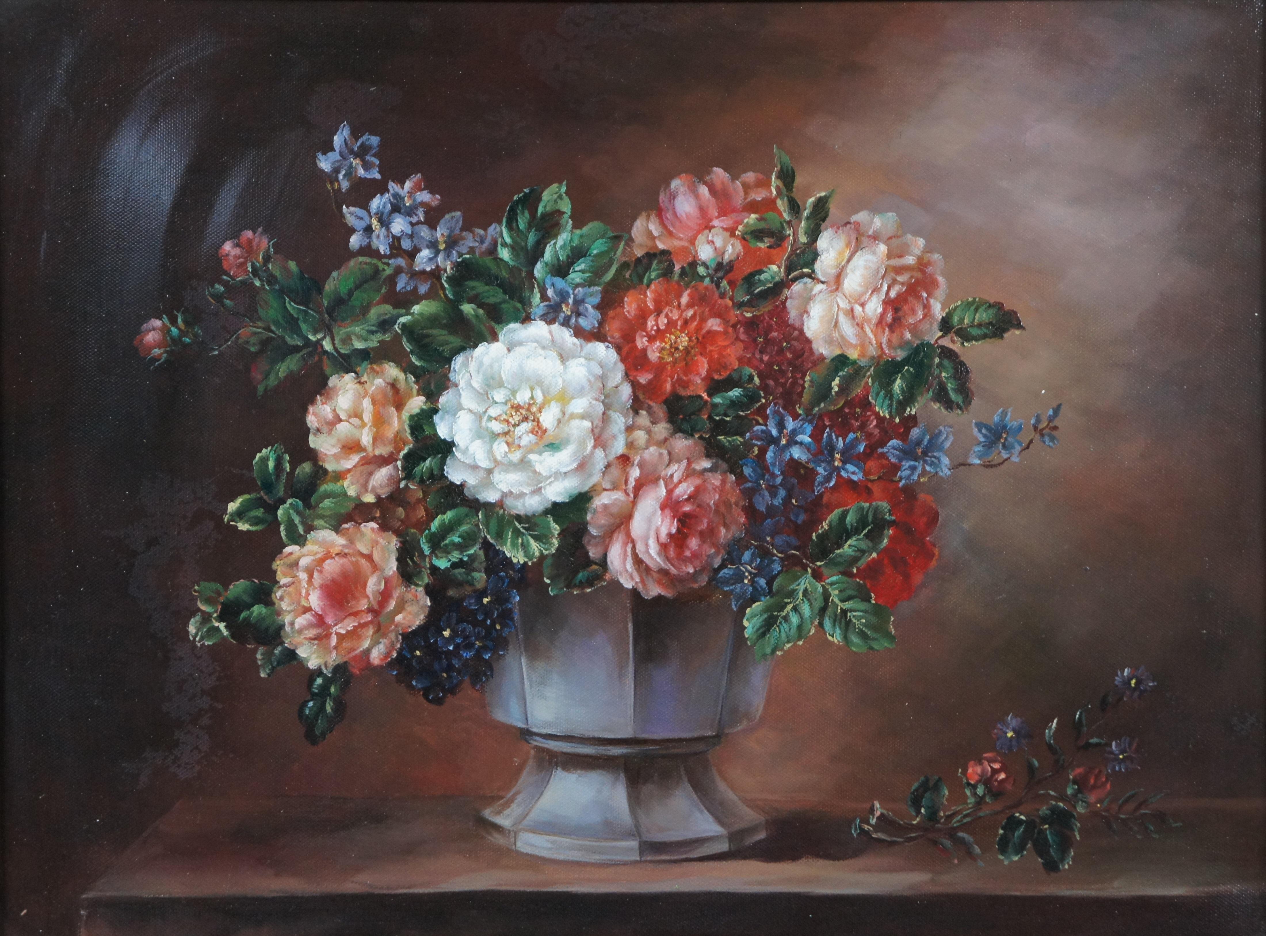 2 peintures à l'huile sur toile natures mortes florales Bouquets Fleurs réalistes encadrées 22 po en vente 2