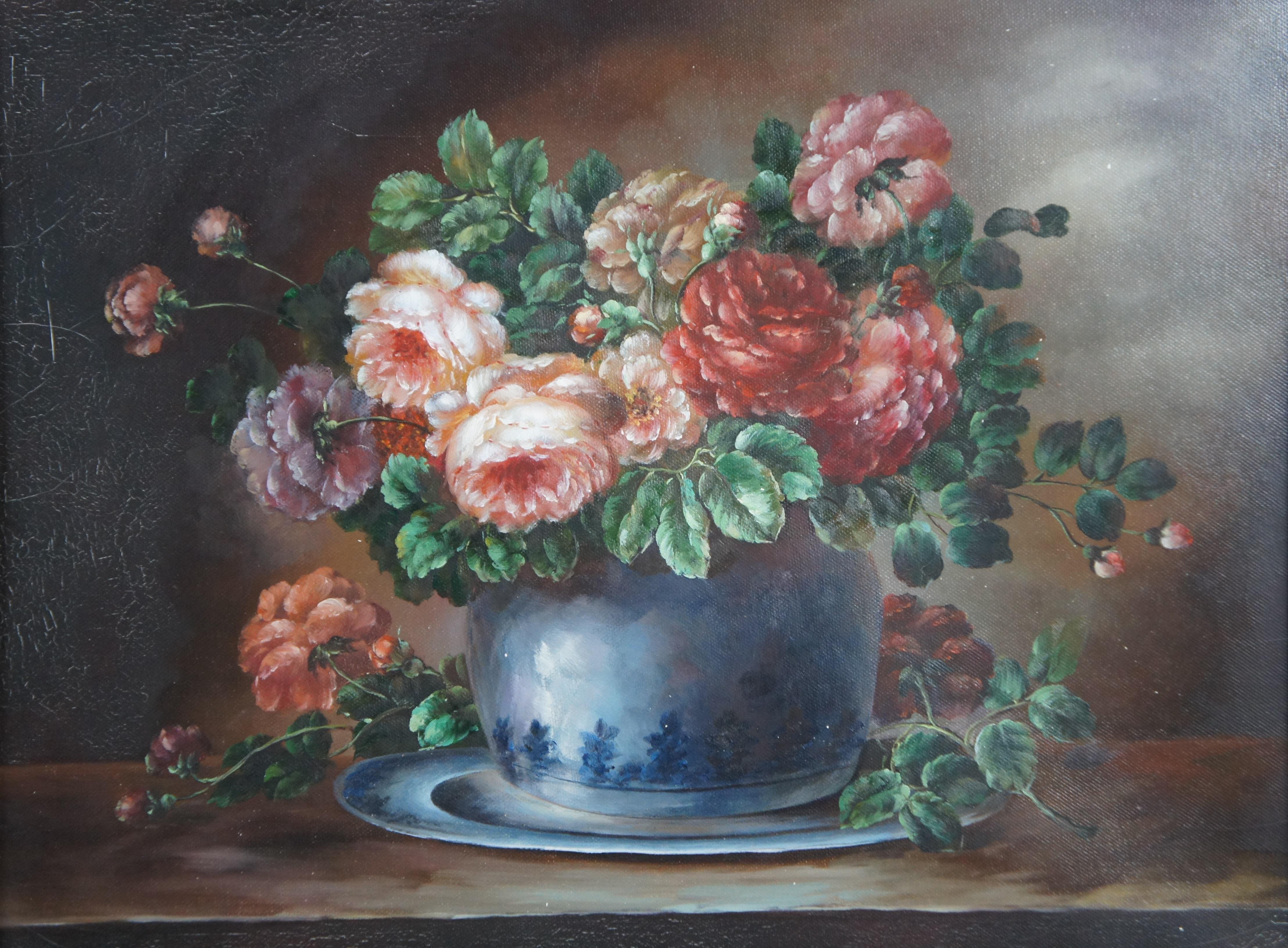 2 peintures à l'huile sur toile natures mortes florales Bouquets Fleurs réalistes encadrées 22 po en vente 3