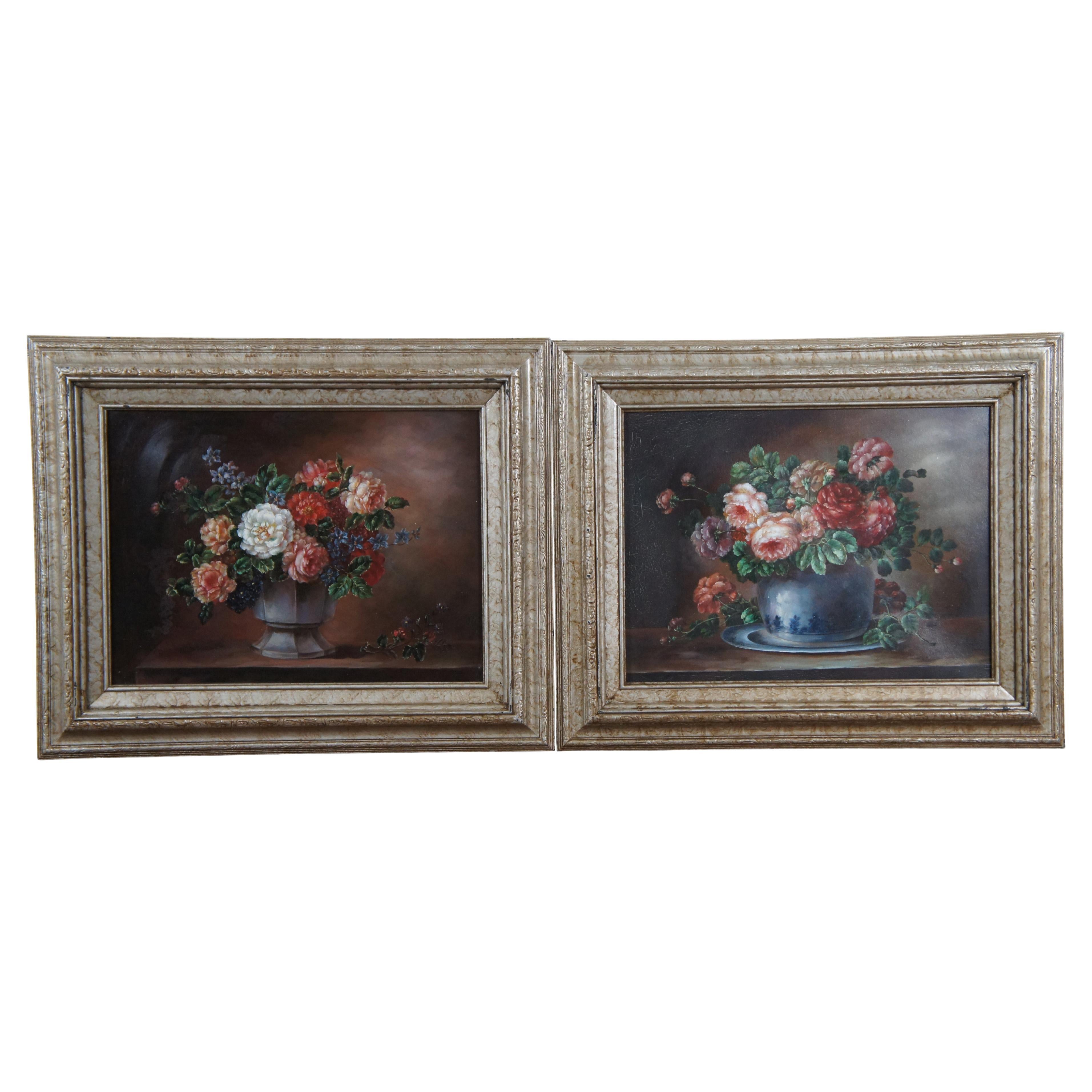 2 peintures à l'huile sur toile natures mortes florales Bouquets Fleurs réalistes encadrées 22 po en vente