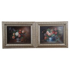 2 peintures à l'huile sur toile natures mortes florales Bouquets Fleurs réalistes encadrées 22 po