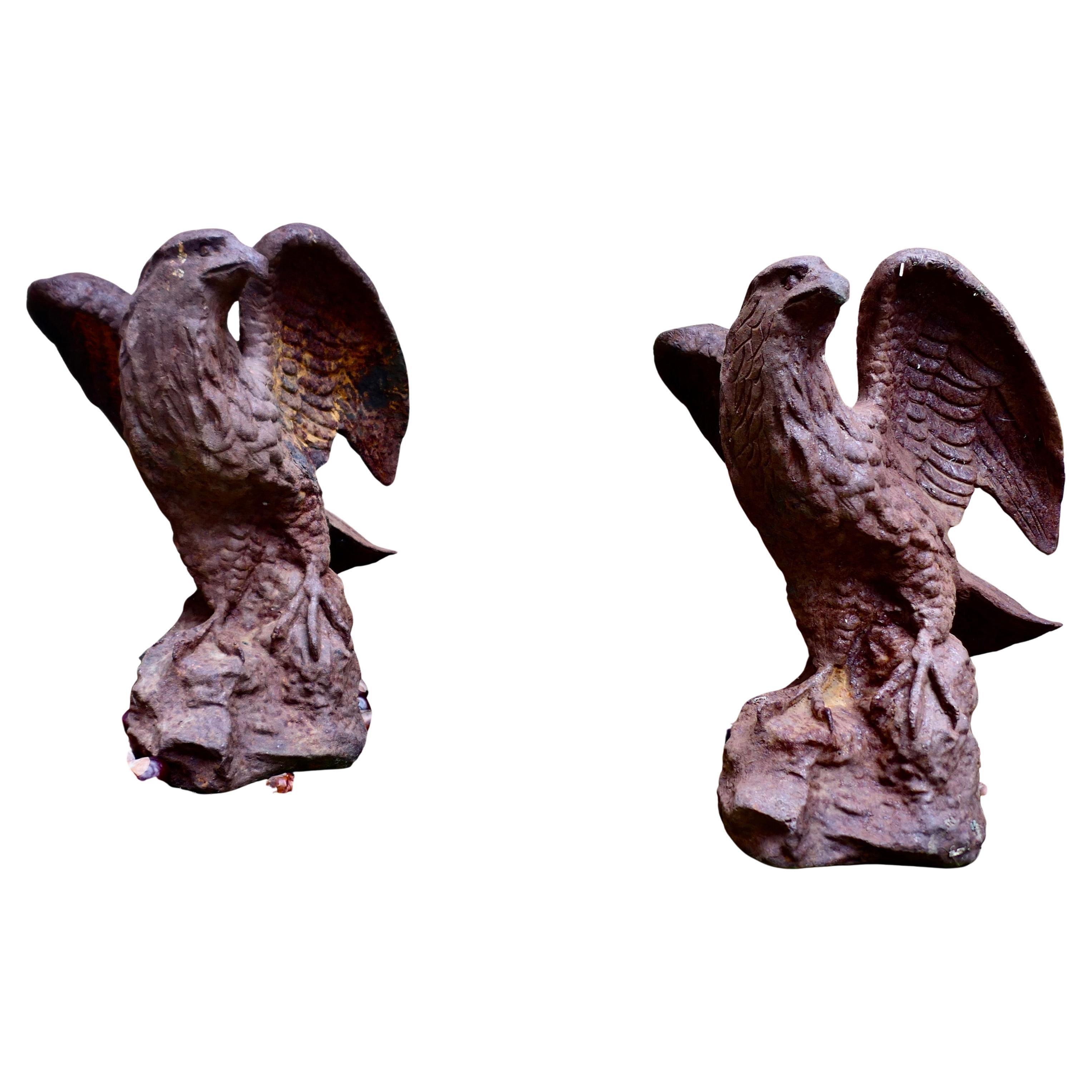 2 Old Weathered Cast Iron Eagle Statues. For Sale