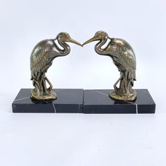 2 original ART DECO bookends with heron bird marble base, 1930s