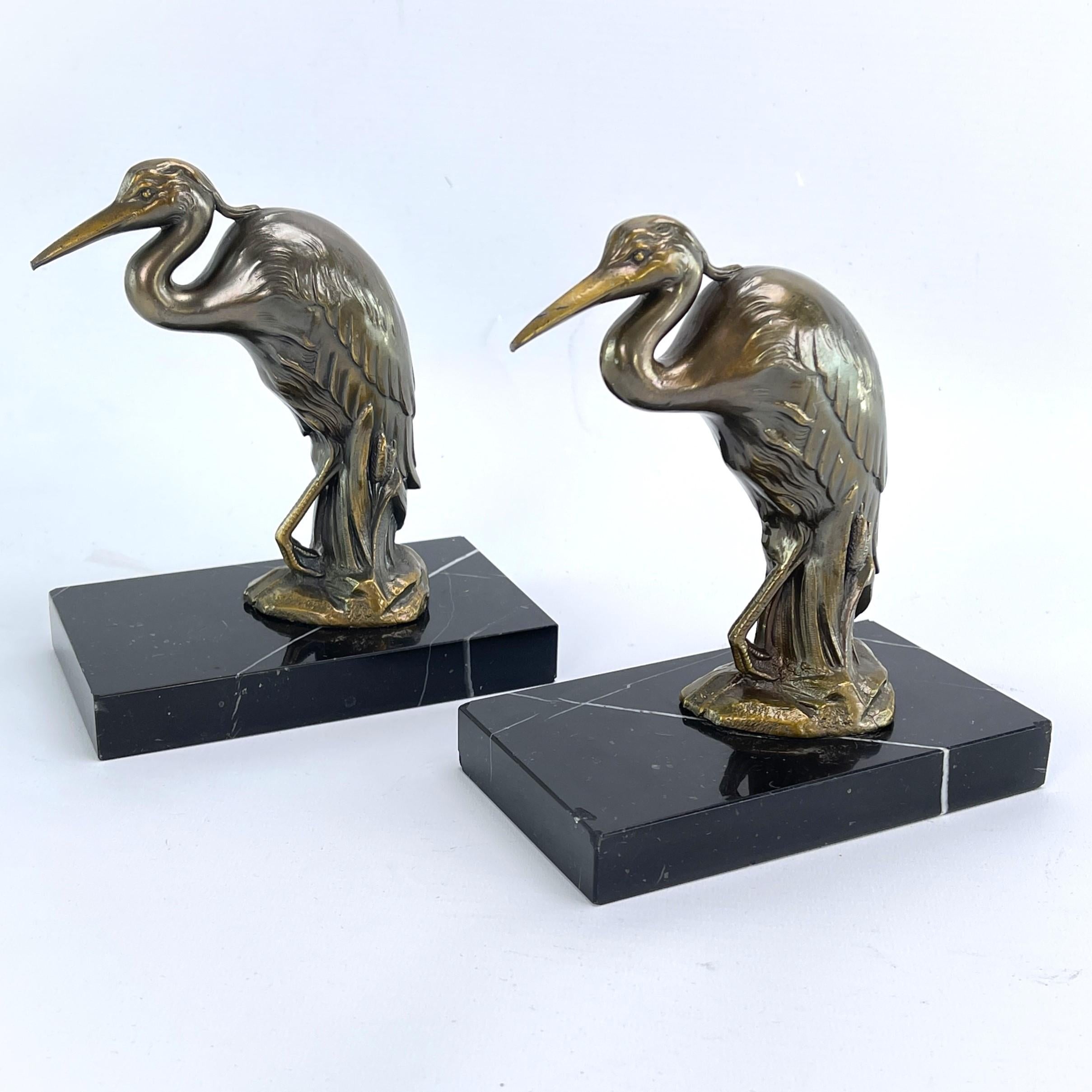 Art Deco 2 original ART DECO bookends with heron bird marble base, 1930s For Sale