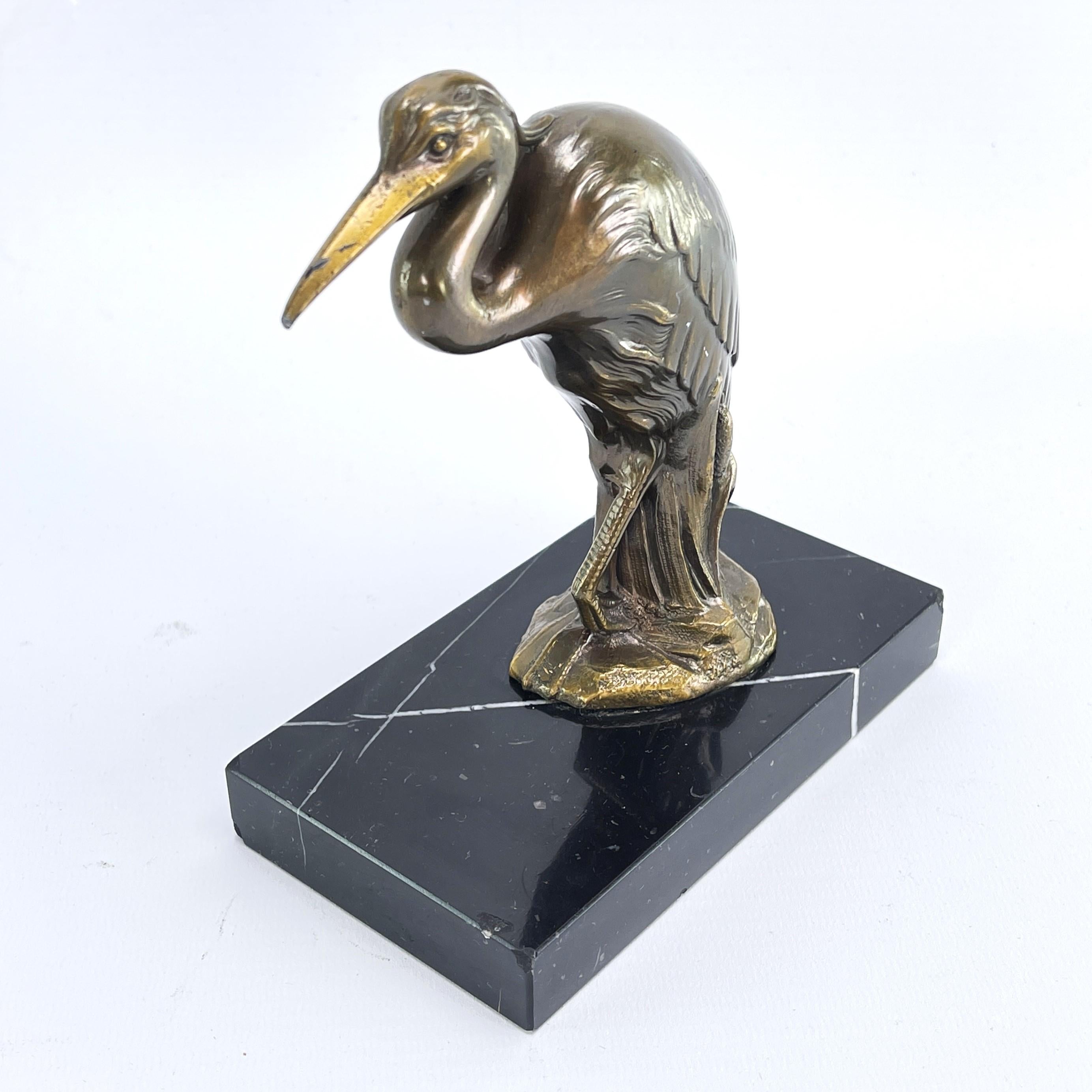 French 2 original ART DECO bookends with heron bird marble base, 1930s For Sale