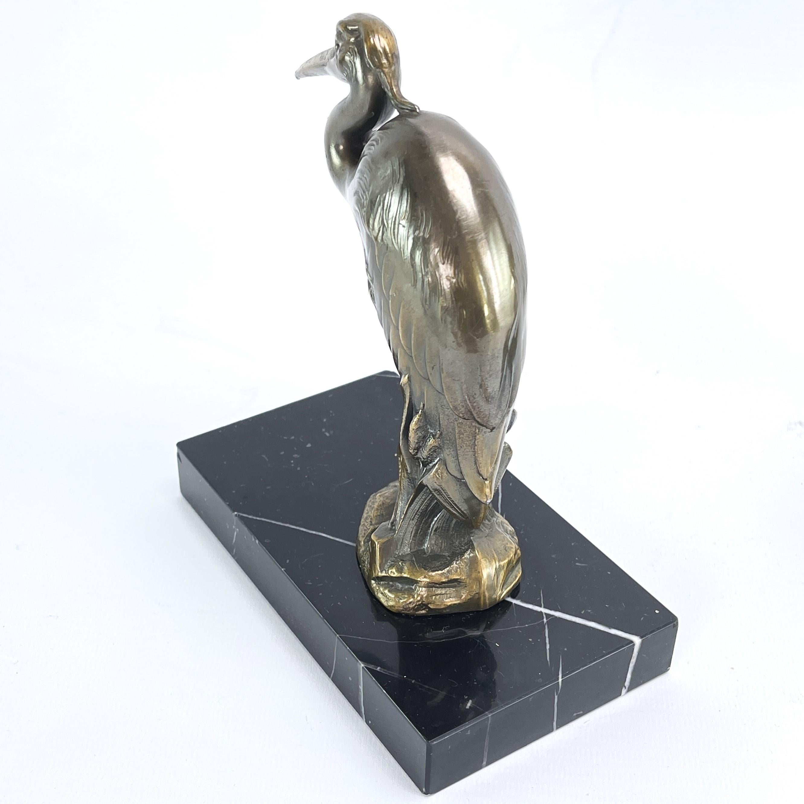 French 2 original ART DECO bookends with heron bird marble base, 1930s For Sale
