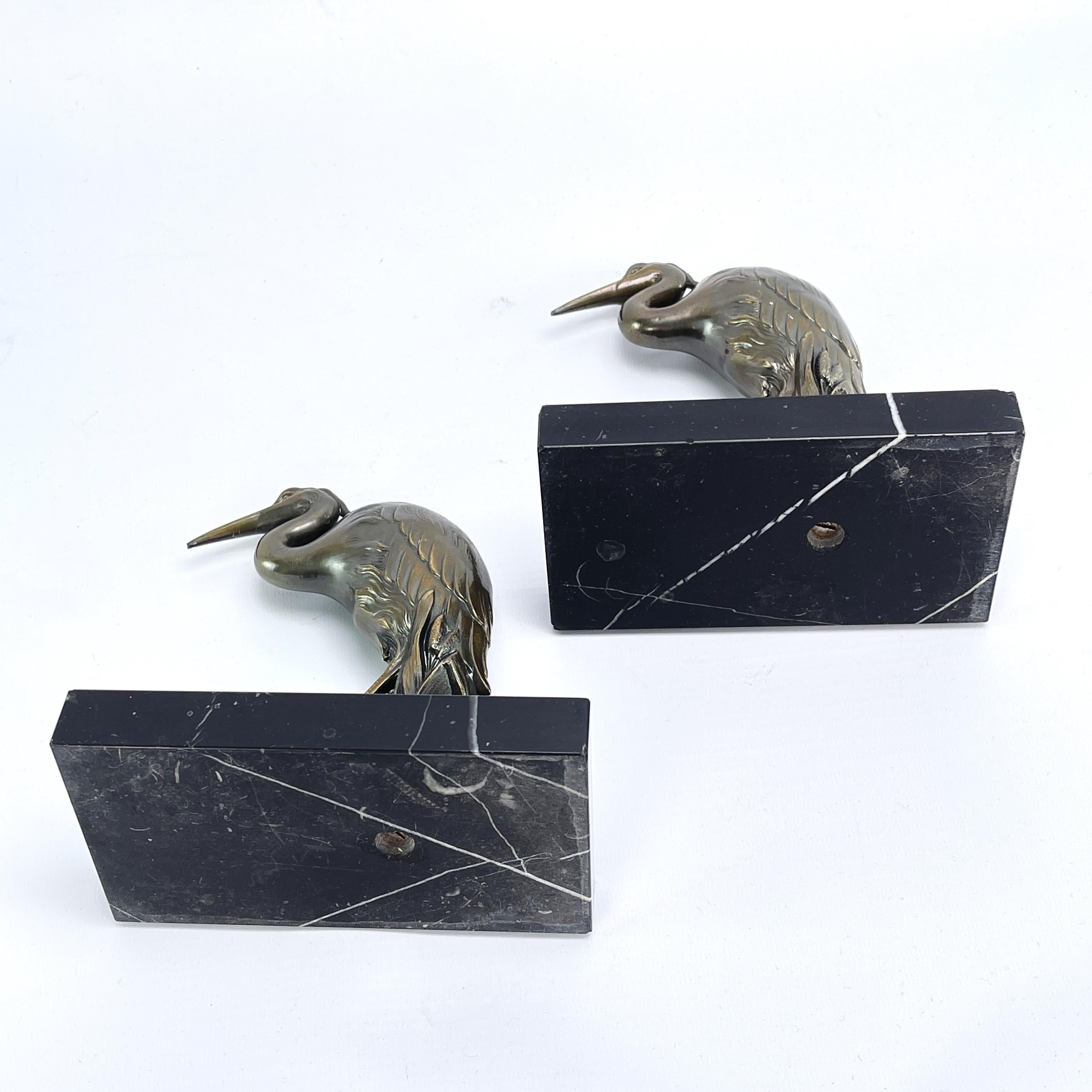Mid-20th Century 2 original ART DECO bookends with heron bird marble base, 1930s For Sale