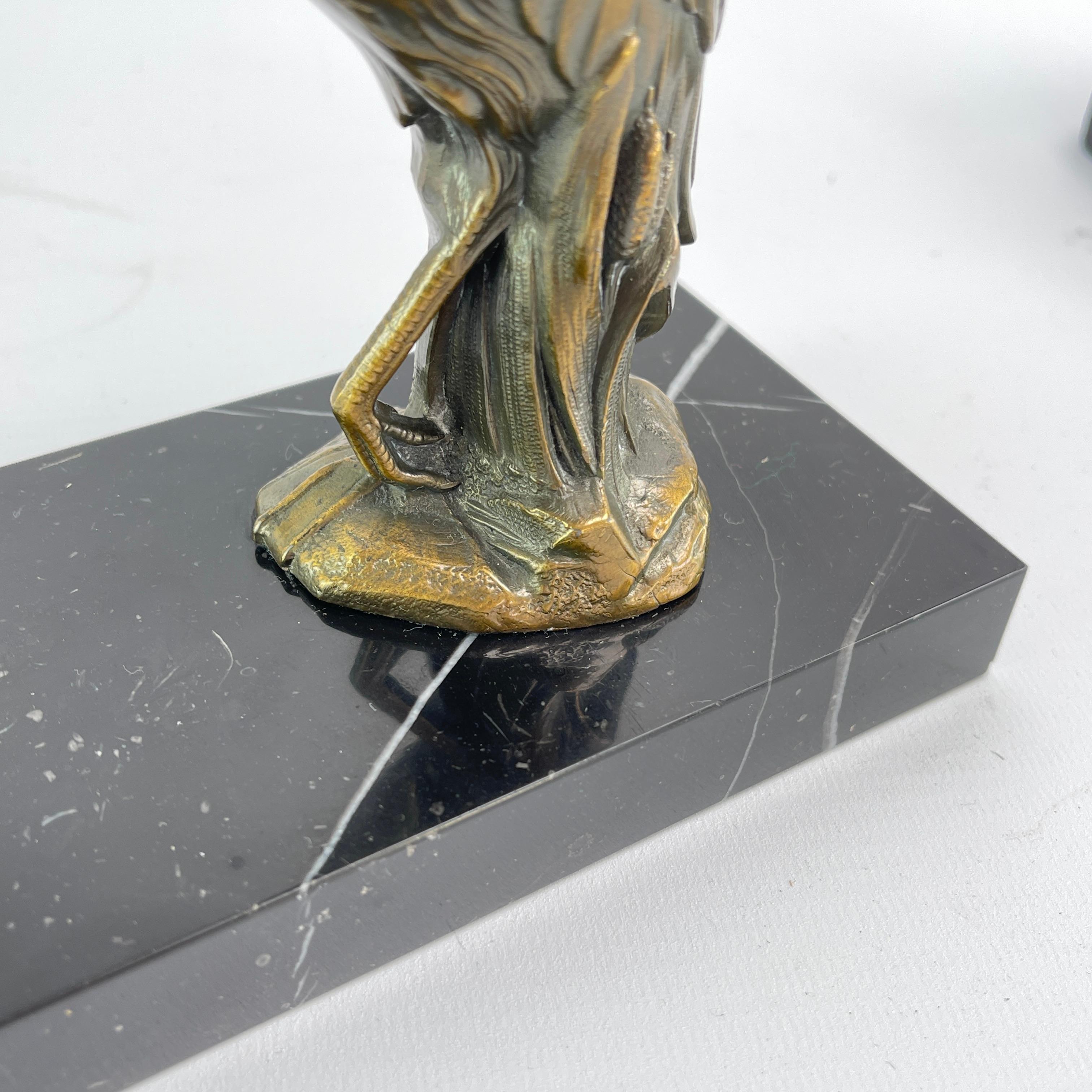 Metal 2 original ART DECO bookends with heron bird marble base, 1930s For Sale