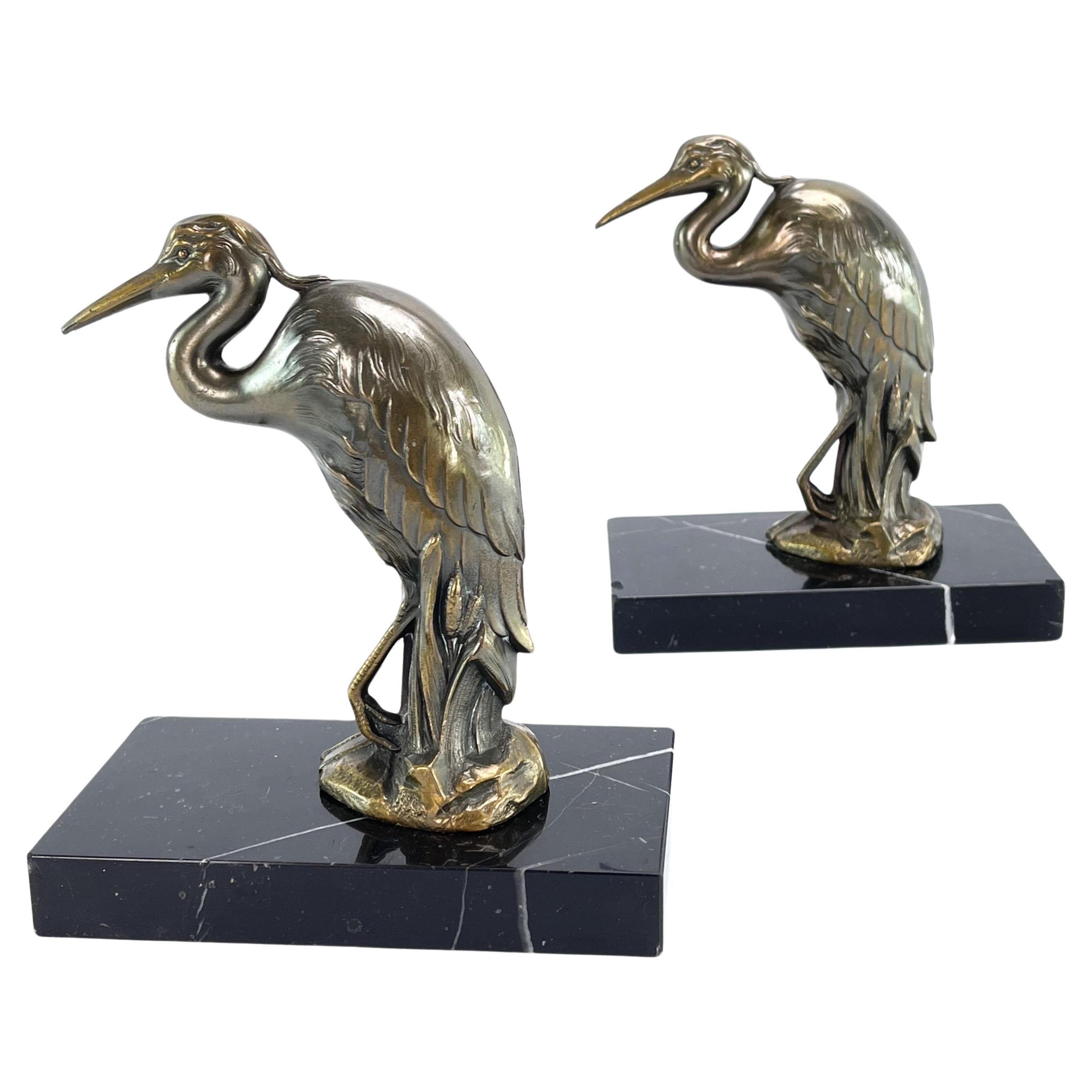 2 original ART DECO bookends with heron bird marble base, 1930s For Sale