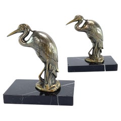 Used 2 original ART DECO bookends with heron bird marble base, 1930s