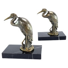 Vintage 2 original ART DECO bookends with heron bird marble base, 1930s