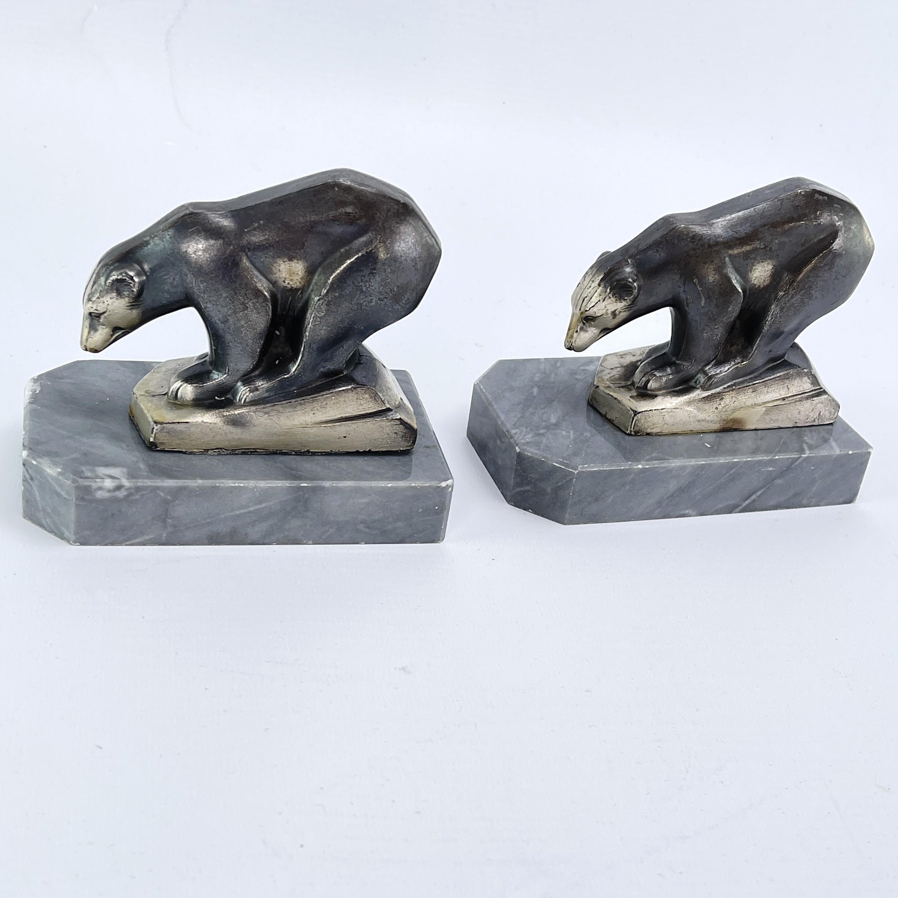 Art Deco 2 original ART DECO bookends with polar bears marble base, 1930s For Sale