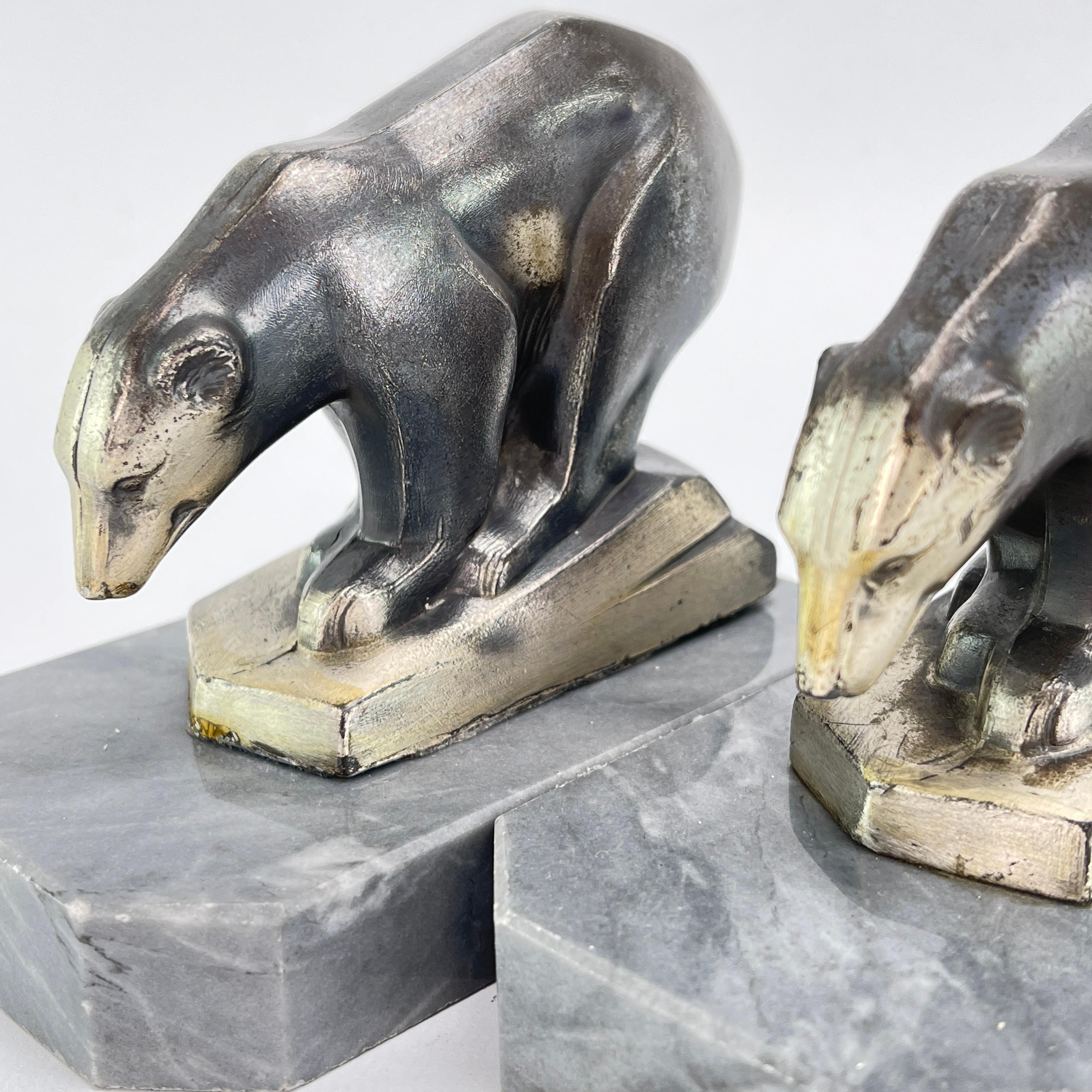 French 2 original ART DECO bookends with polar bears marble base, 1930s For Sale