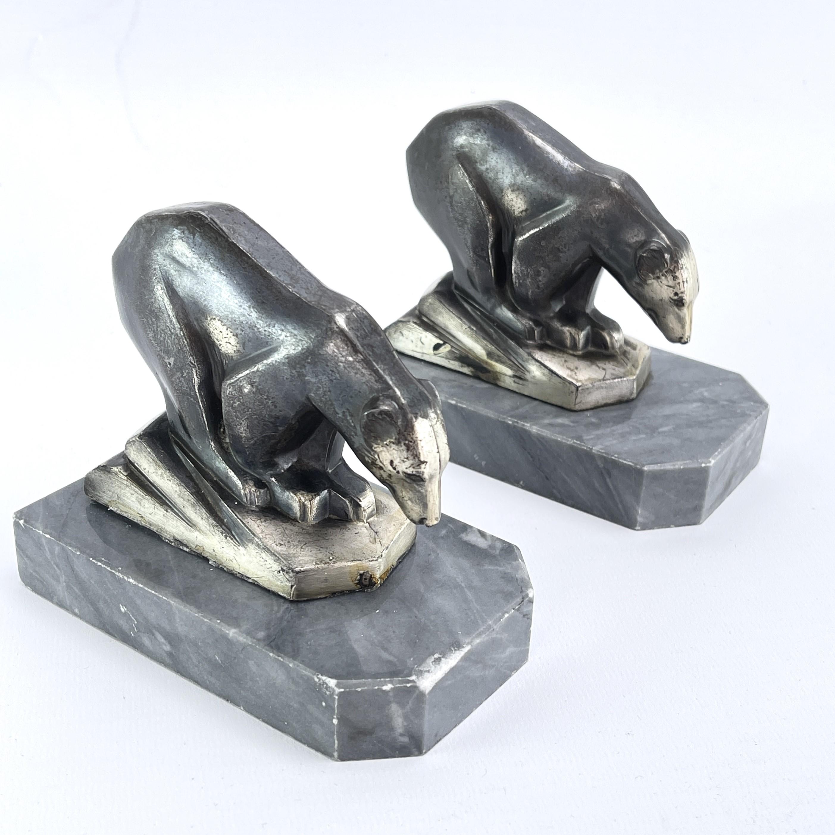 Metal 2 original ART DECO bookends with polar bears marble base, 1930s For Sale