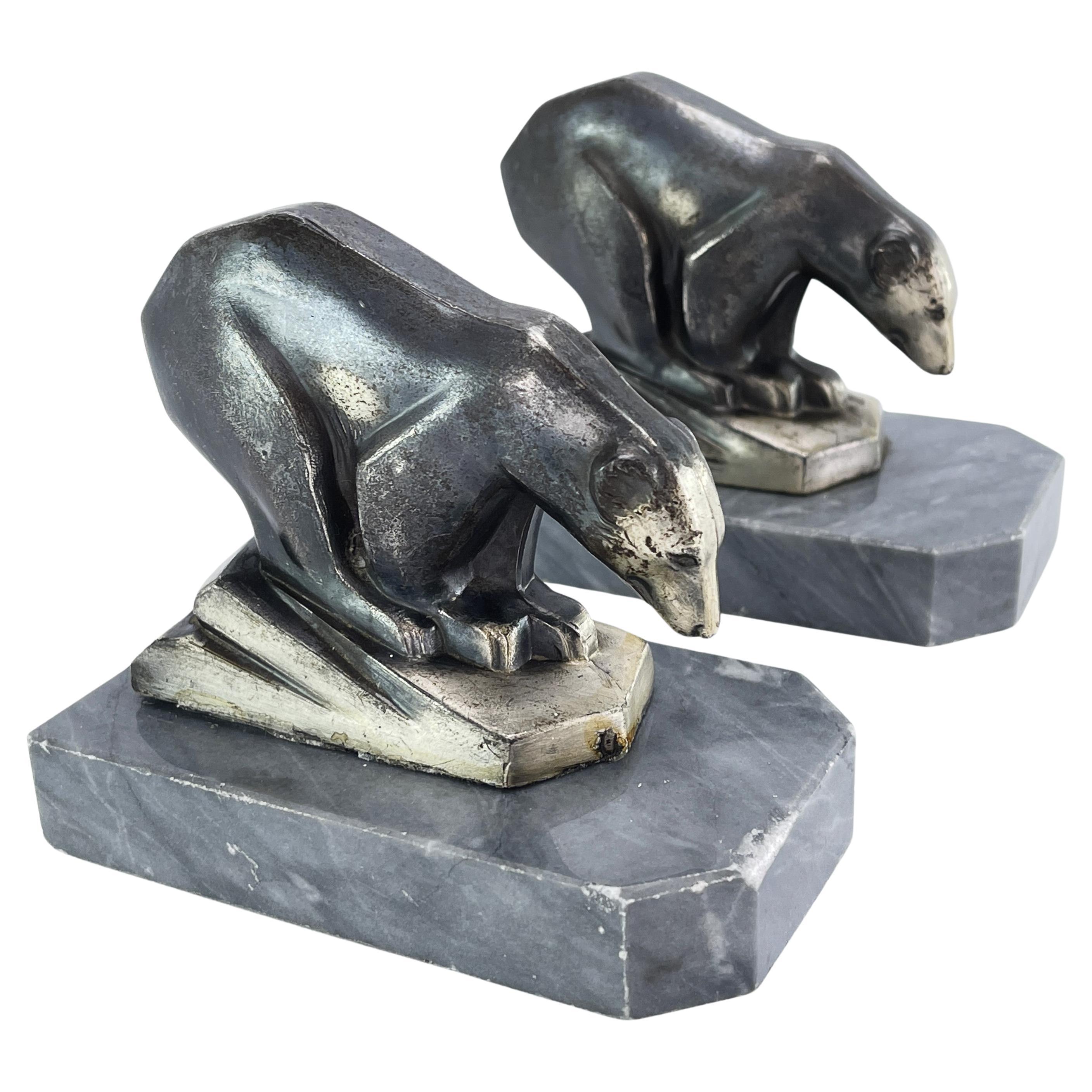2 original ART DECO bookends with polar bears marble base, 1930s For Sale