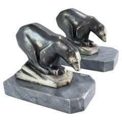 Vintage 2 original ART DECO bookends with polar bears marble base, 1930s