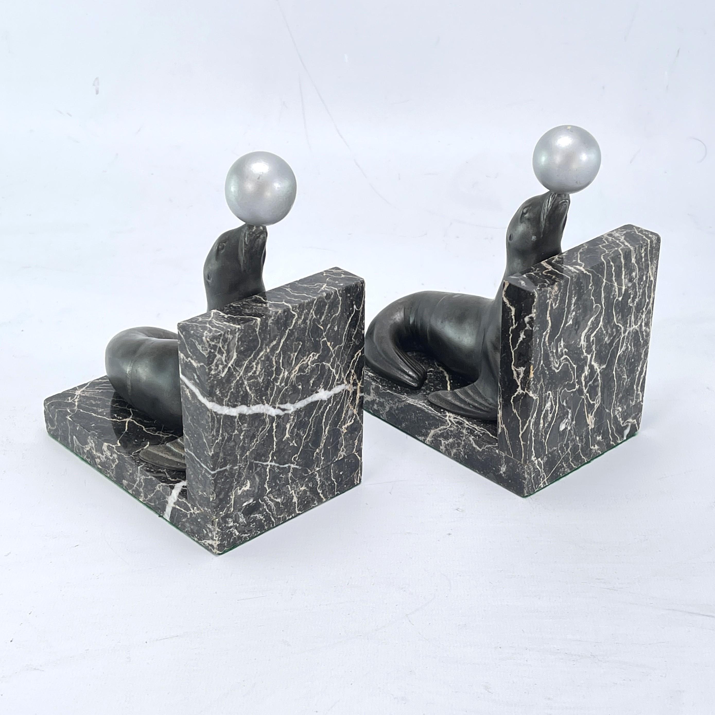 Art Deco 2 original ART DECO bookends with sea lions on a marble base, 1930s For Sale