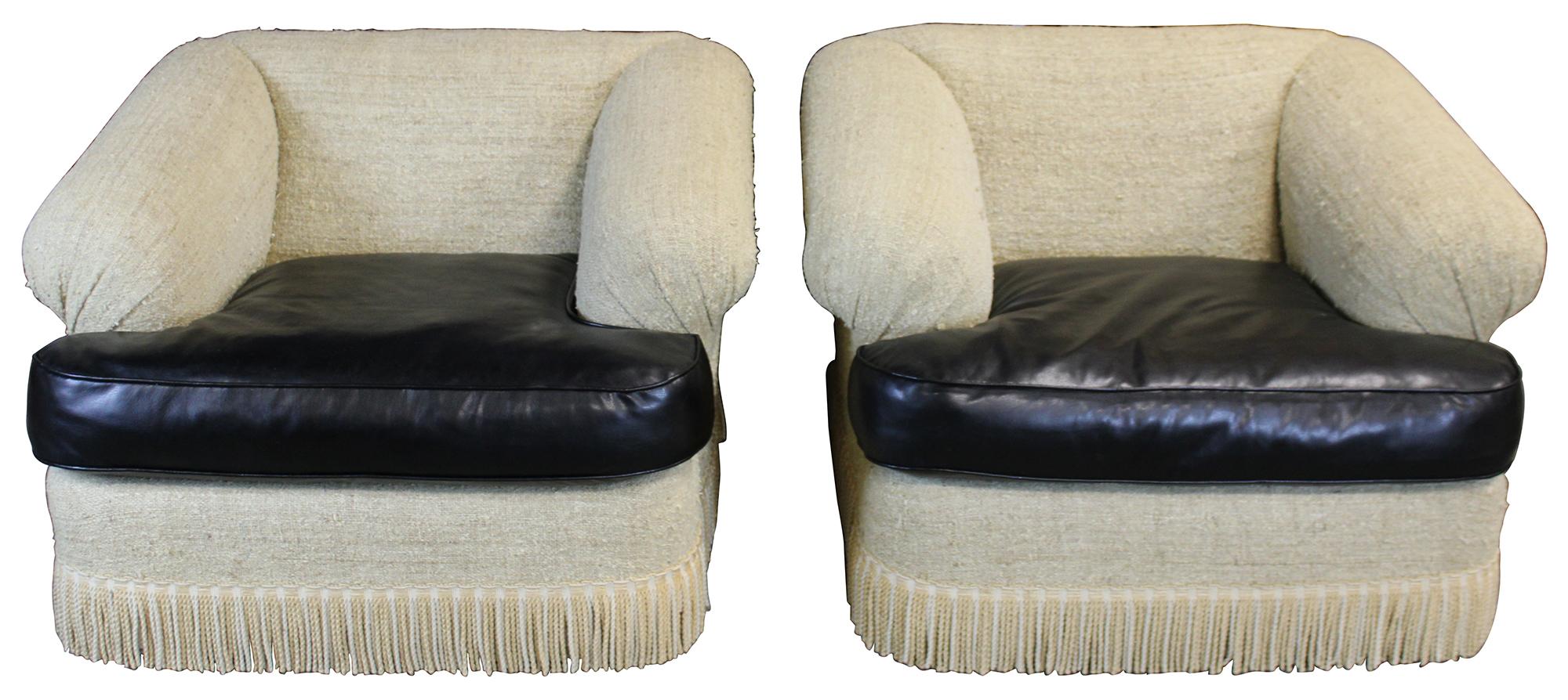 Vintage Kreiss Collection nubby linen and Naugahyde oversized lounge chairs and ottoman. These come from the original owner who purchased them direct from Kreiss in the 1990s. Plush and comfortable, ready for another 30 years of use! Attributed to