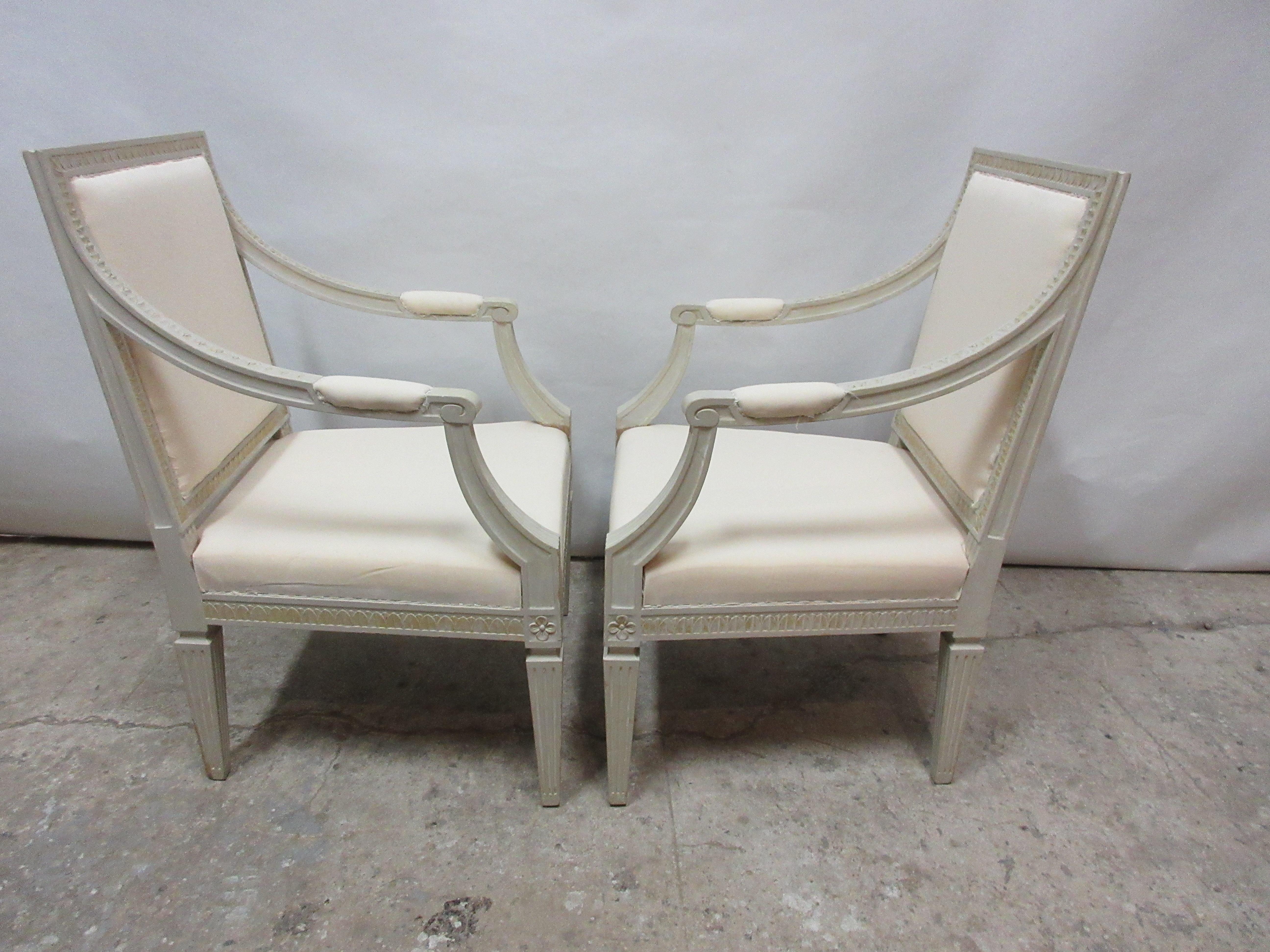 2 original paint Swedish Gustavian armchairs. They have been restored and repainted with milk paints 