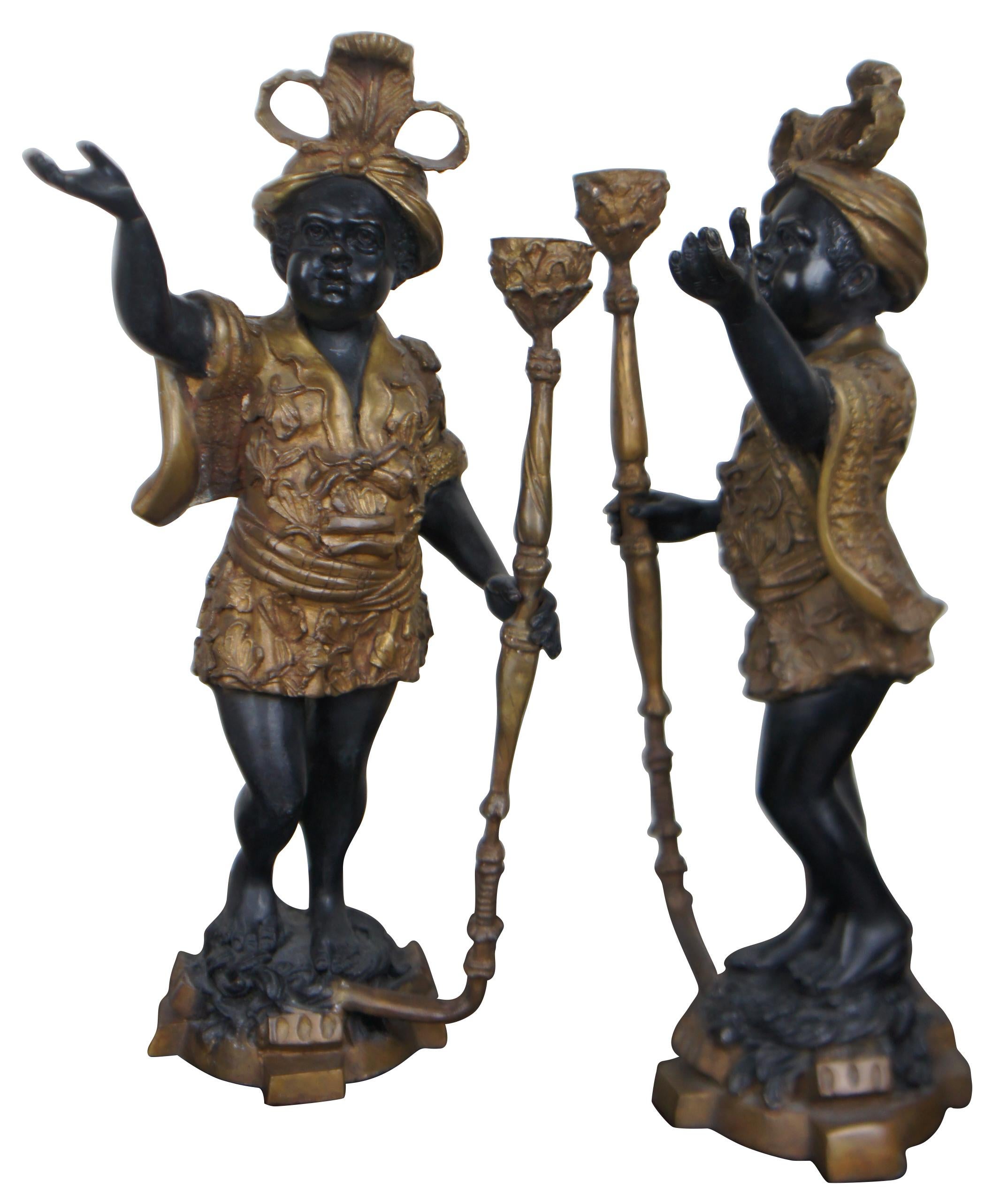 2 Ornate Baroque Torchiere Figurines Bronze Statues Candlesticks In Good Condition In Dayton, OH