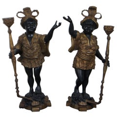 2 Ornate Baroque Torchiere Figurines Bronze Statues Candlesticks