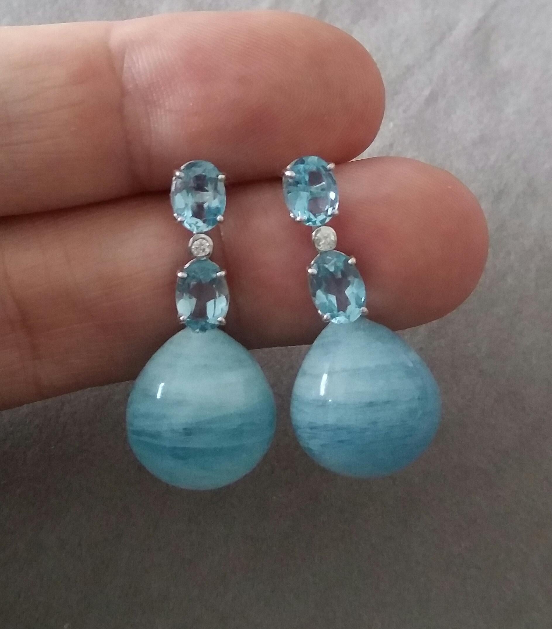 2 Oval Faceted Sky Blue Topaz Gold Diamonds Round Plain Aquamarine Drop Earrings For Sale 4