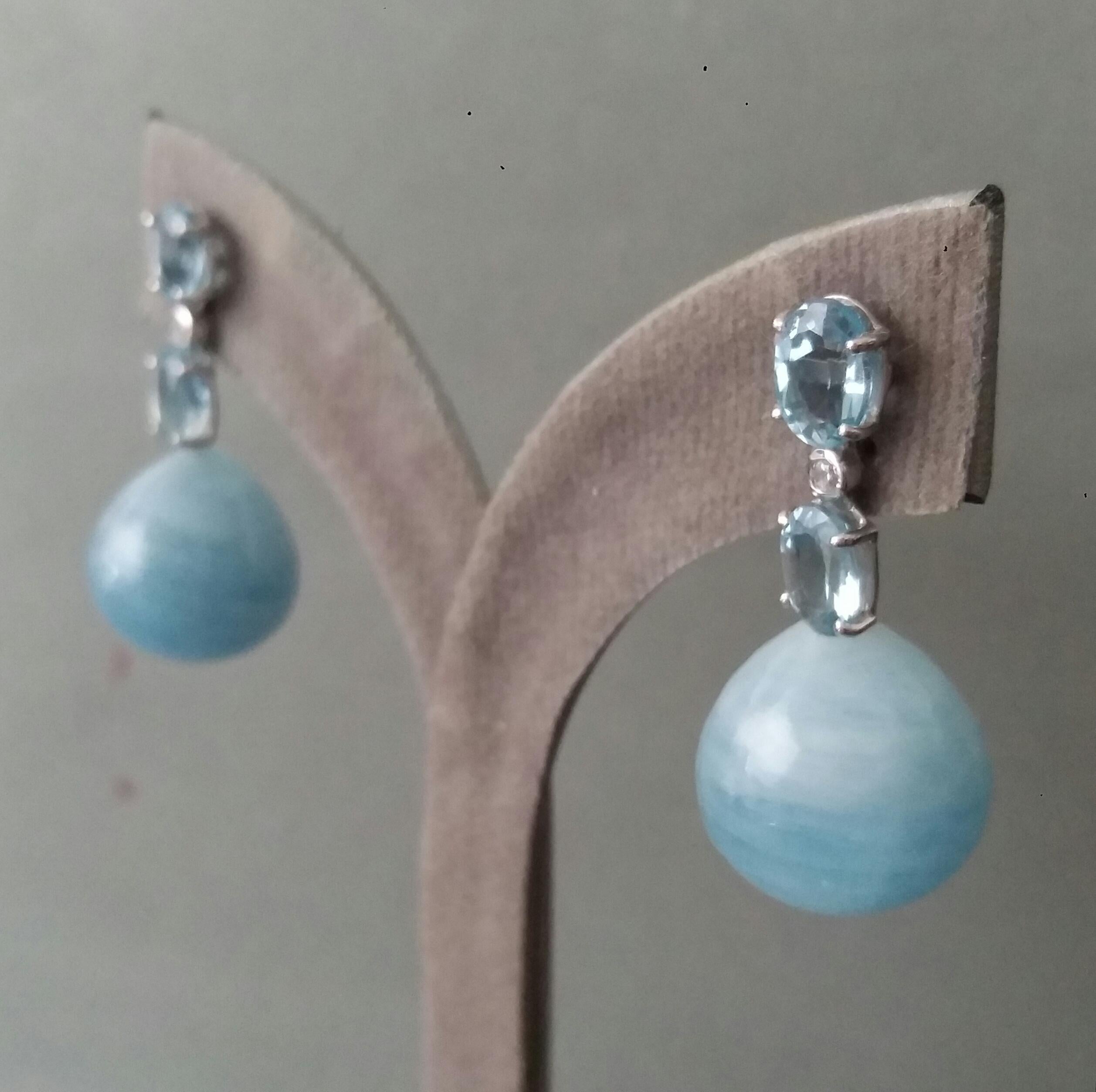 2 Oval Faceted Sky Blue Topaz Gold Diamonds Round Plain Aquamarine Drop Earrings For Sale 5