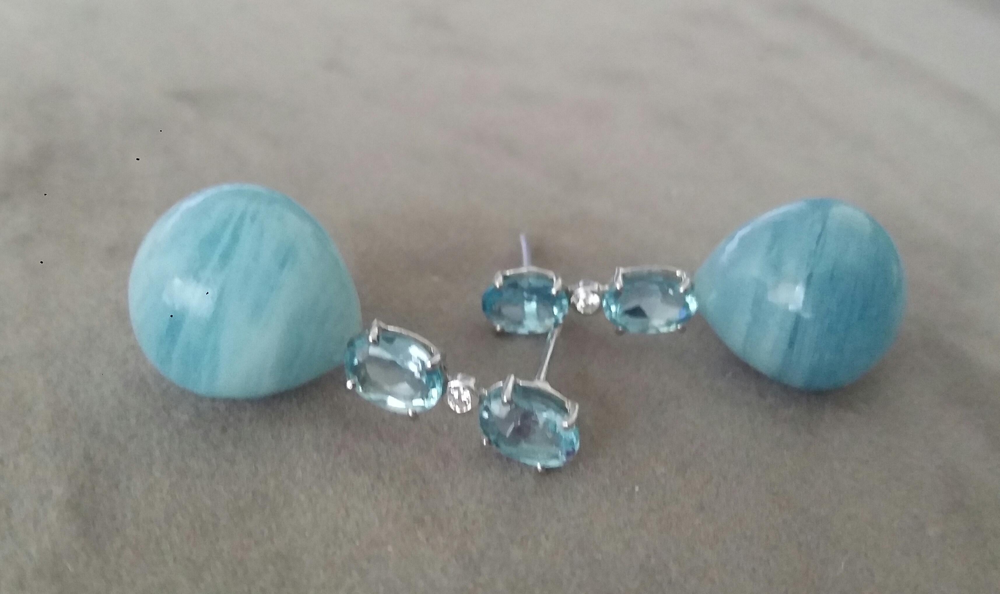 2 Oval Faceted Sky Blue Topaz Gold Diamonds Round Plain Aquamarine Drop Earrings For Sale 1