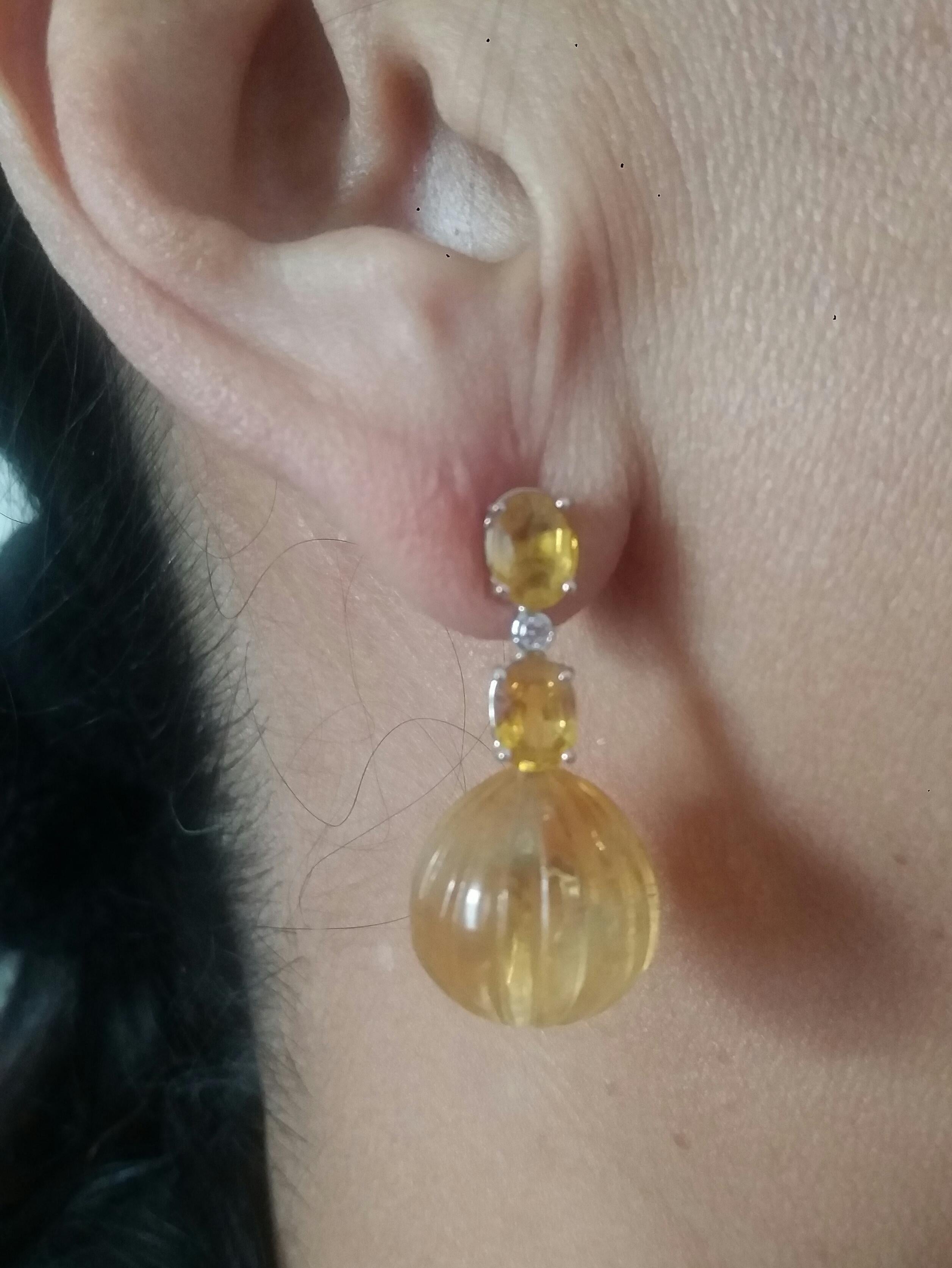 2 Oval Faceted Yellow Sapphires Gold Diamonds Carved Round Citrine Drop Earrings For Sale 4
